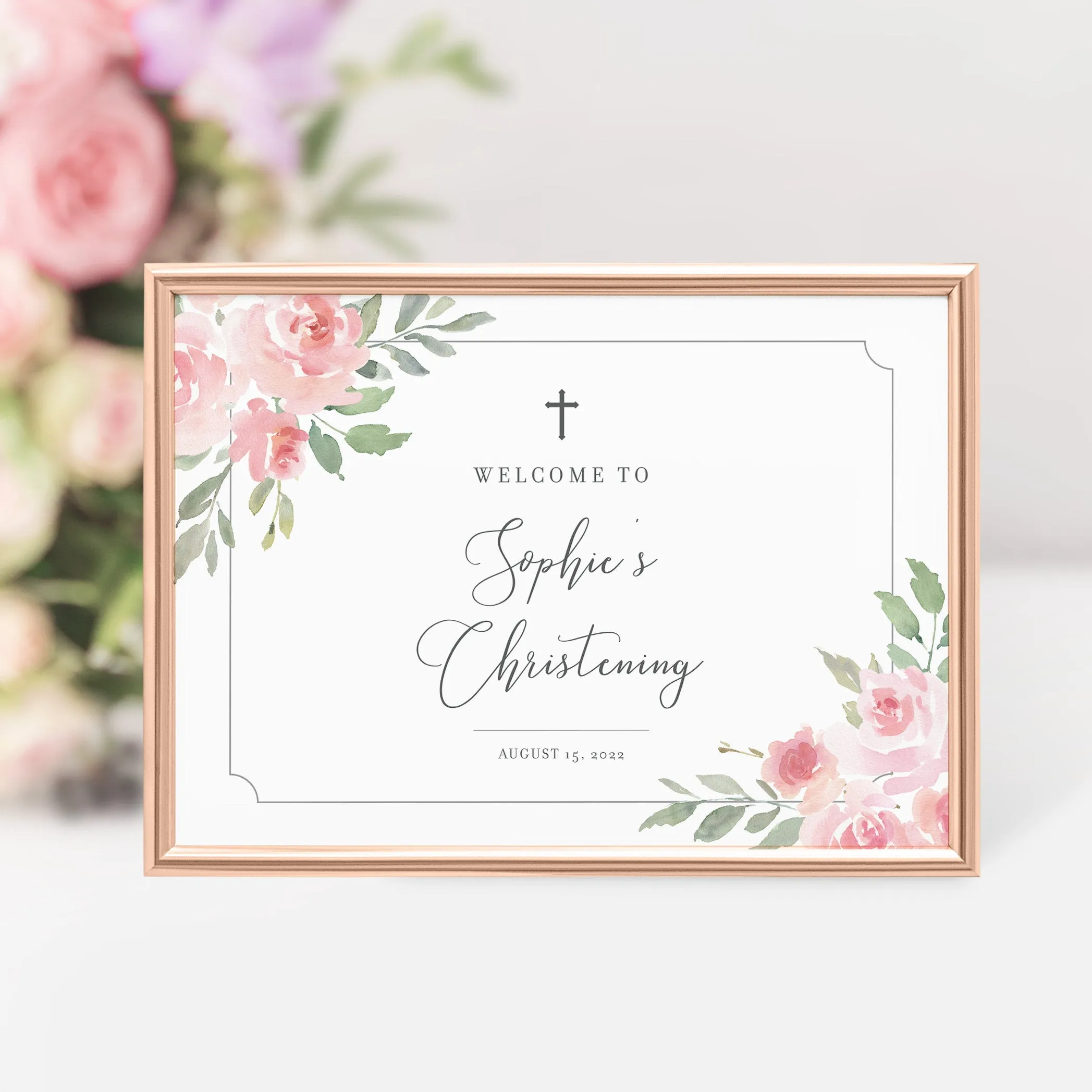 Blush Pink Floral Girl Christening Welcome Sign Template, Printable Large Welcome Sign, Editable INSTANT DOWNLOAD - FR100