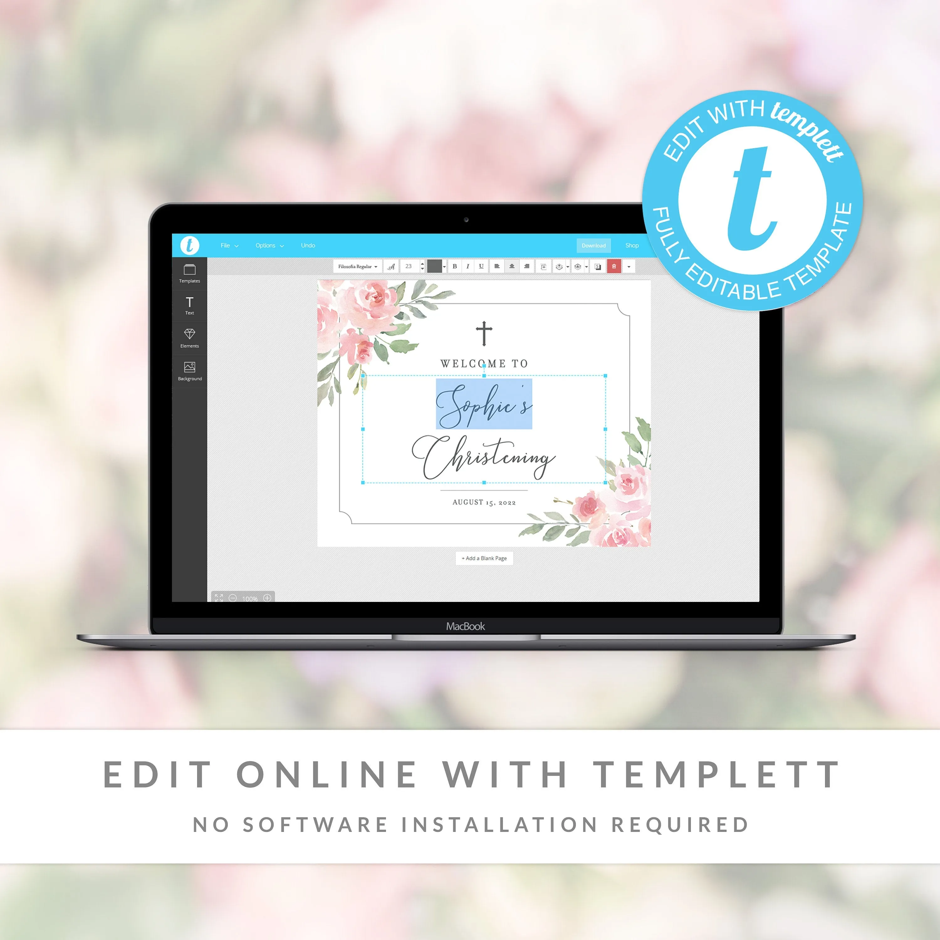Blush Pink Floral Girl Christening Welcome Sign Template, Printable Large Welcome Sign, Editable INSTANT DOWNLOAD - FR100