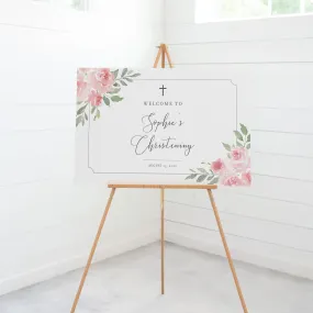 Blush Pink Floral Girl Christening Welcome Sign Template, Printable Large Welcome Sign, Editable INSTANT DOWNLOAD - FR100