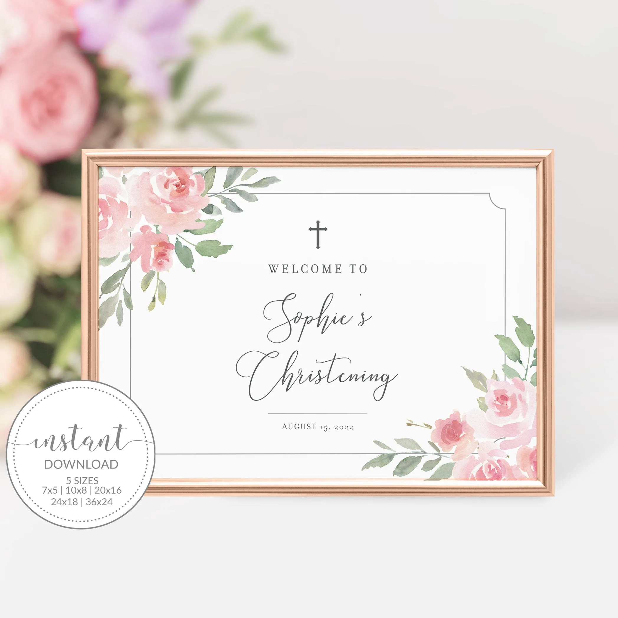 Blush Pink Floral Girl Christening Welcome Sign Template, Printable Large Welcome Sign, Editable INSTANT DOWNLOAD - FR100
