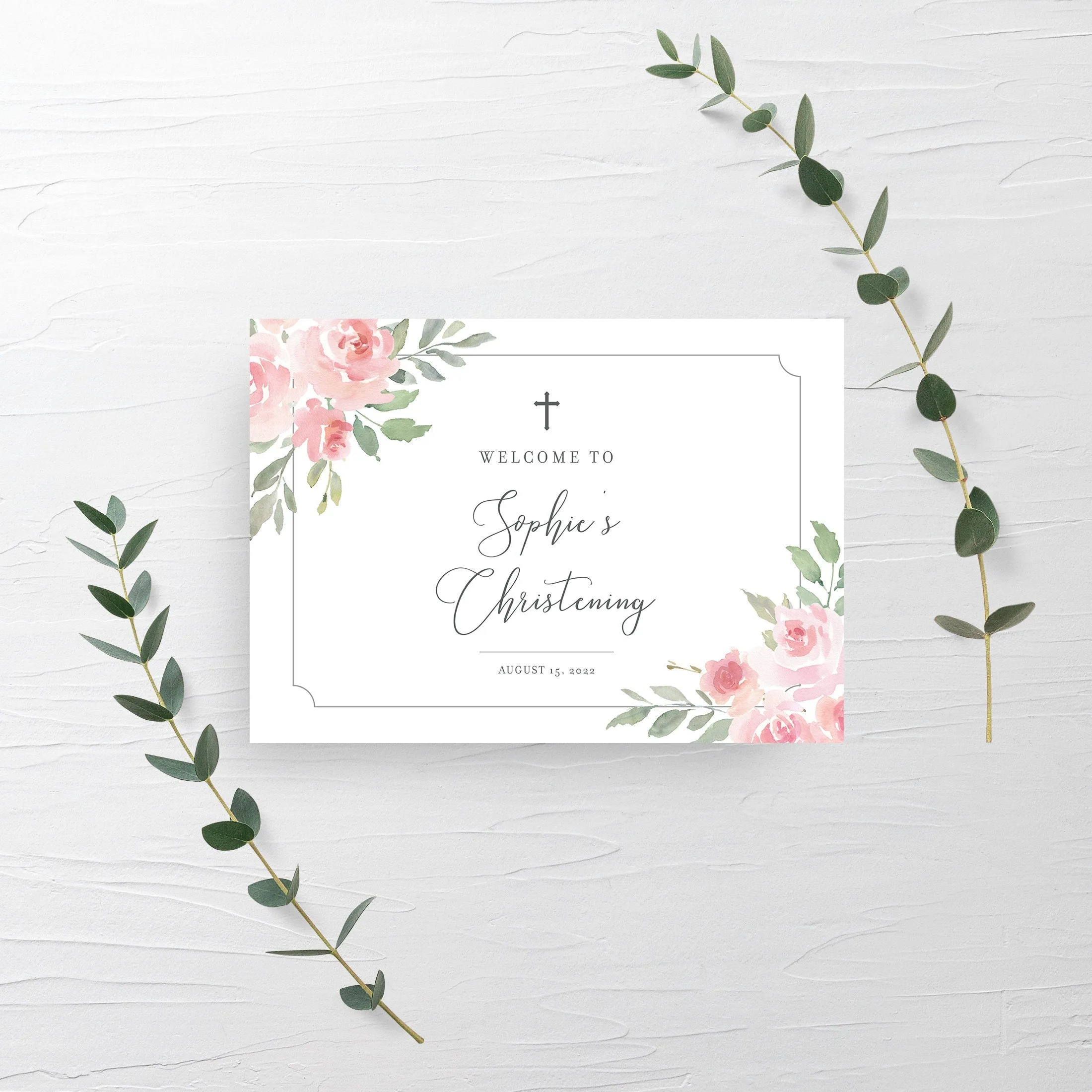 Blush Pink Floral Girl Christening Welcome Sign Template, Printable Large Welcome Sign, Editable INSTANT DOWNLOAD - FR100