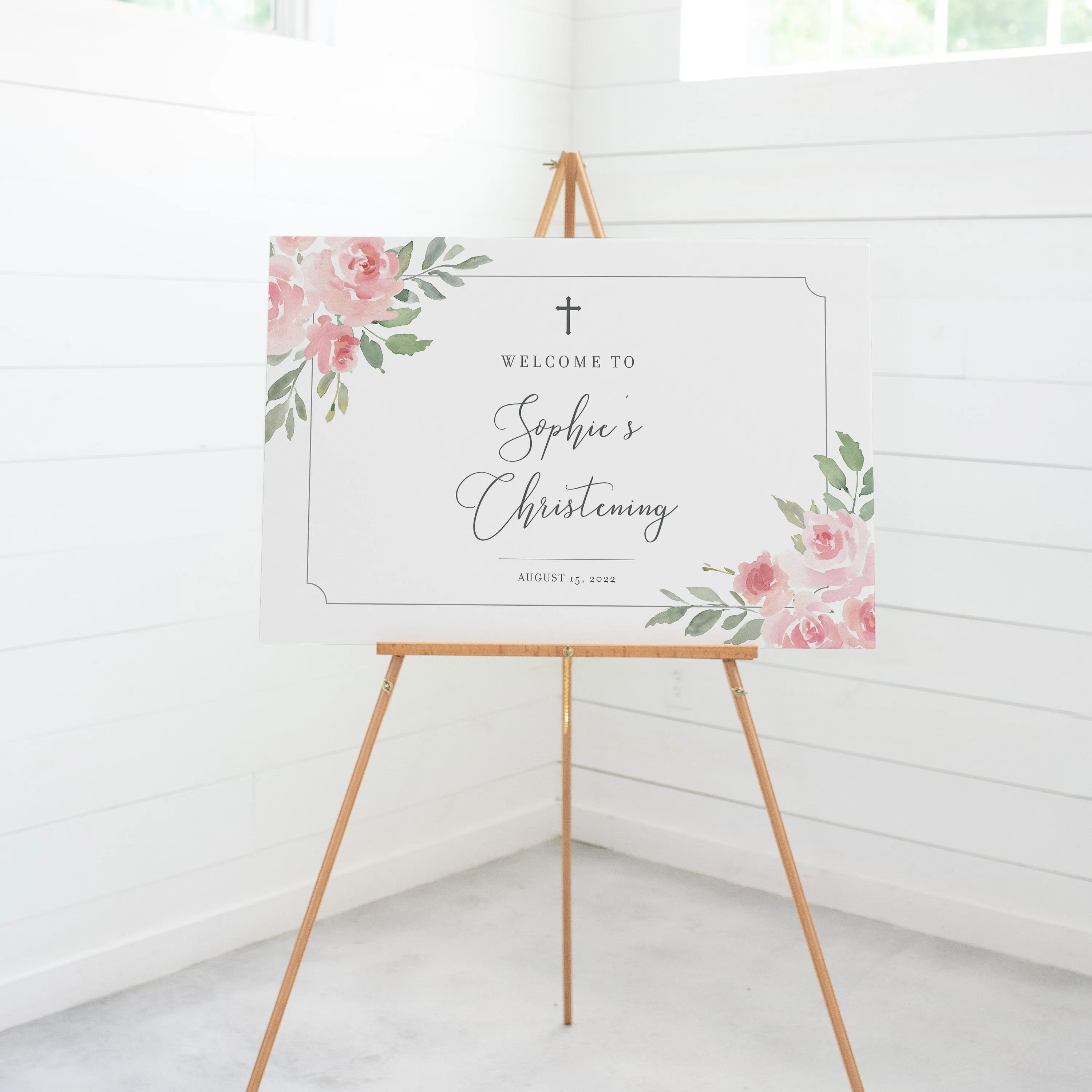 Blush Pink Floral Girl Christening Welcome Sign Template, Printable Large Welcome Sign, Editable INSTANT DOWNLOAD - FR100