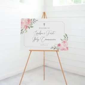 Blush Pink Floral Holy Communion Welcome Sign Template, Printable Large Girl First Communion Welcome Sign, Editable INSTANT DOWNLOAD - FR100