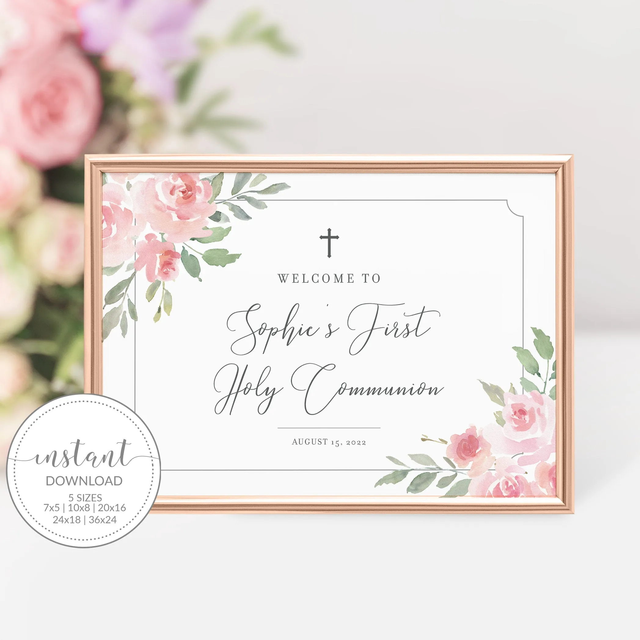 Blush Pink Floral Holy Communion Welcome Sign Template, Printable Large Girl First Communion Welcome Sign, Editable INSTANT DOWNLOAD - FR100