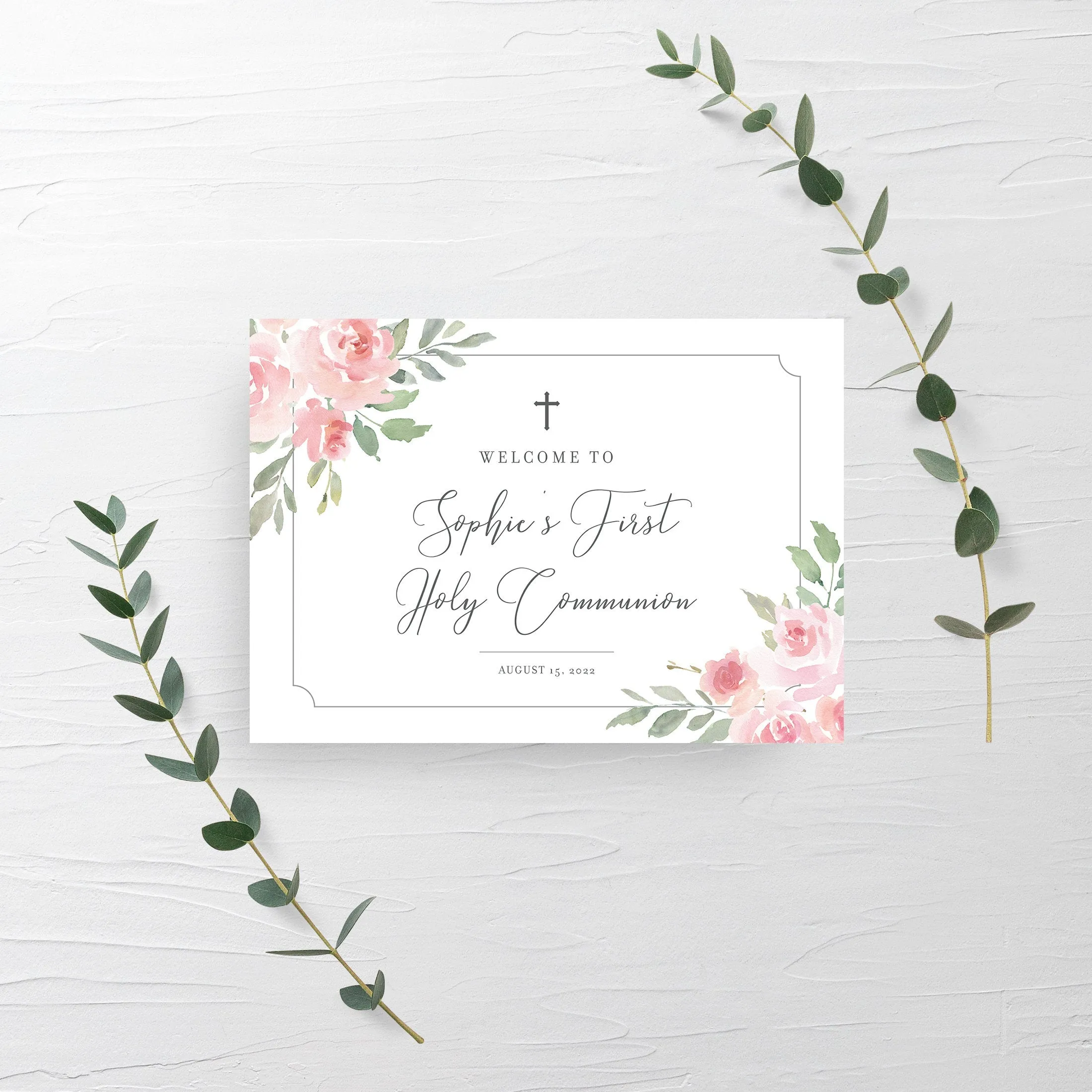 Blush Pink Floral Holy Communion Welcome Sign Template, Printable Large Girl First Communion Welcome Sign, Editable INSTANT DOWNLOAD - FR100