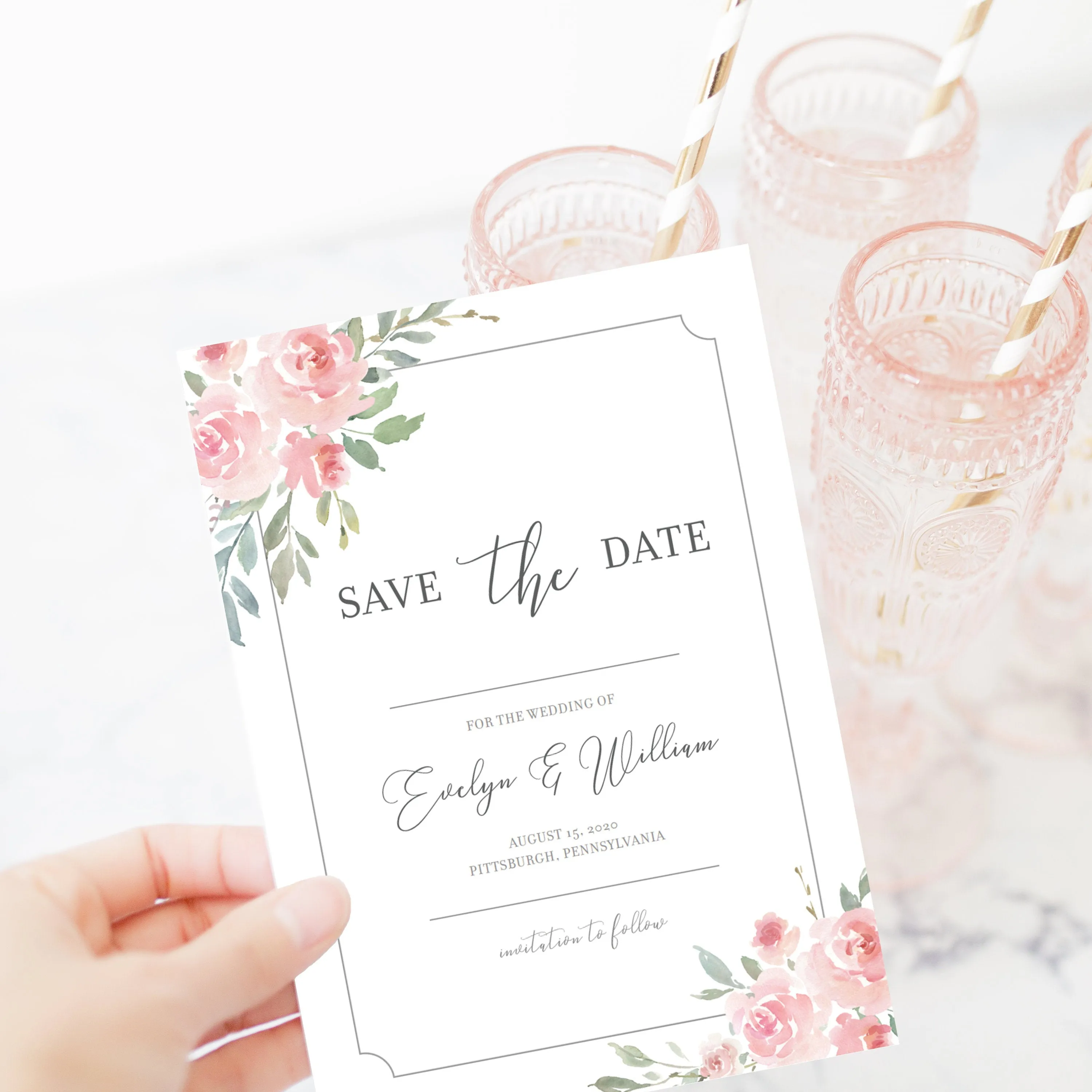 Blush Pink Floral Save The Date Card Template, Printable Wedding Announcement, Editable INSTANT DOWNLOAD - FR100