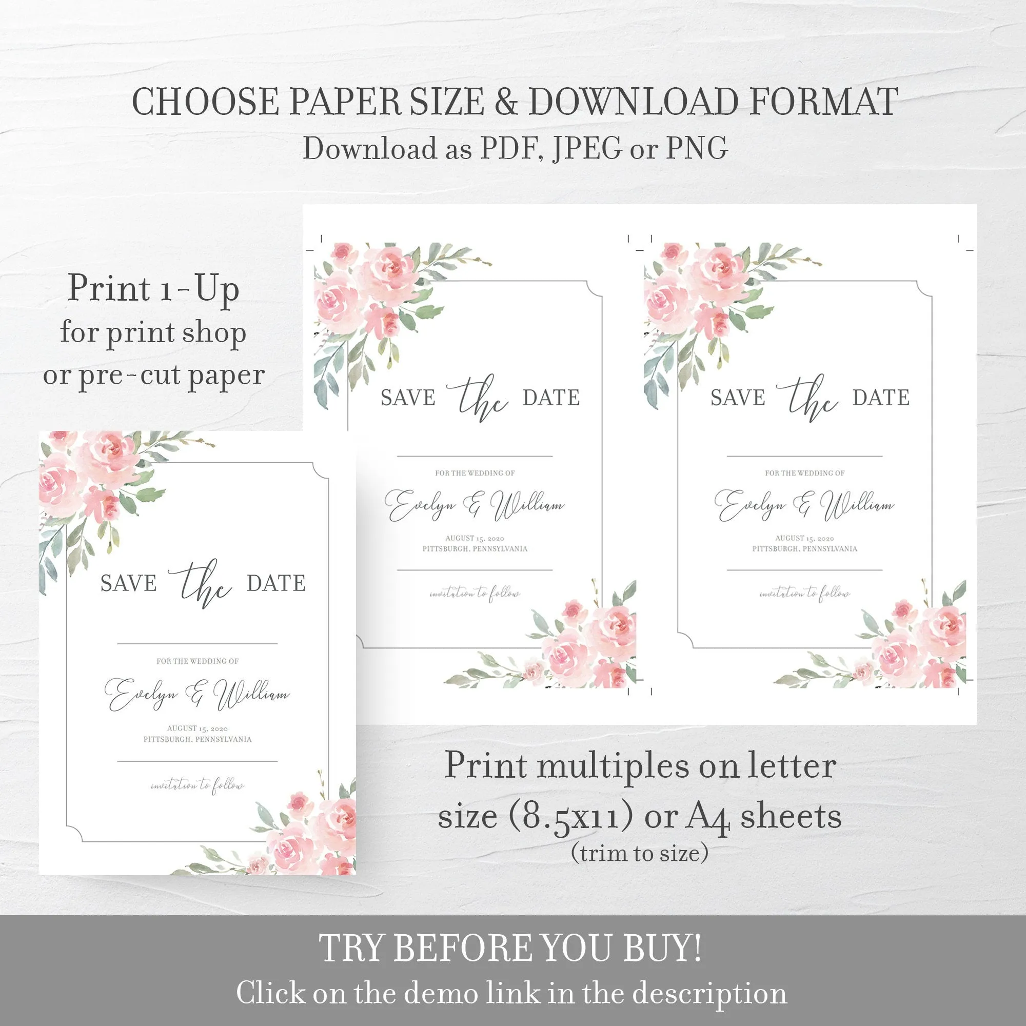 Blush Pink Floral Save The Date Card Template, Printable Wedding Announcement, Editable INSTANT DOWNLOAD - FR100
