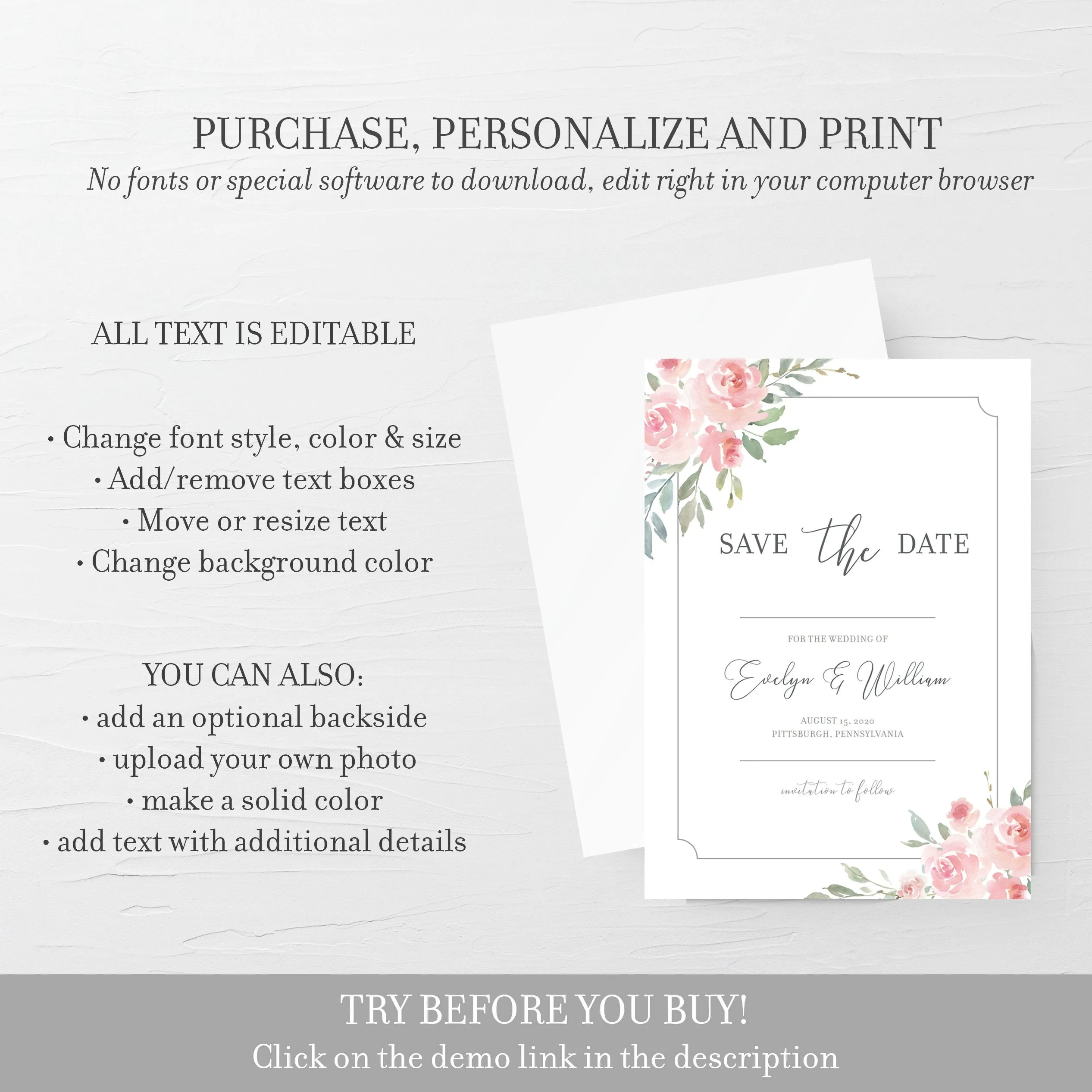 Blush Pink Floral Save The Date Card Template, Printable Wedding Announcement, Editable INSTANT DOWNLOAD - FR100
