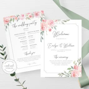 Blush Pink Floral Wedding Ceremony Program Template, Printable, Editable INSTANT DOWNLOAD - FR100
