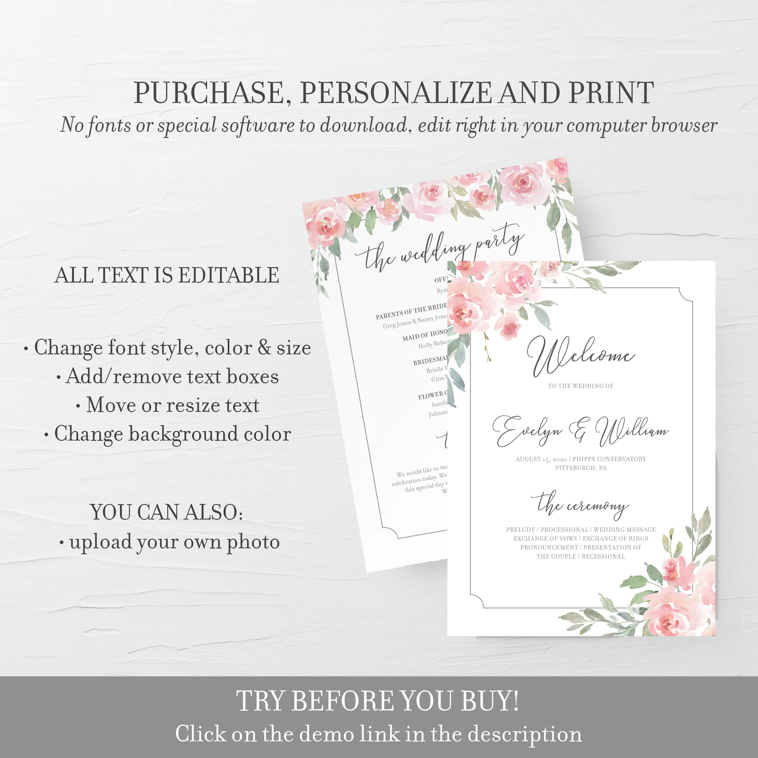 Blush Pink Floral Wedding Ceremony Program Template, Printable, Editable INSTANT DOWNLOAD - FR100