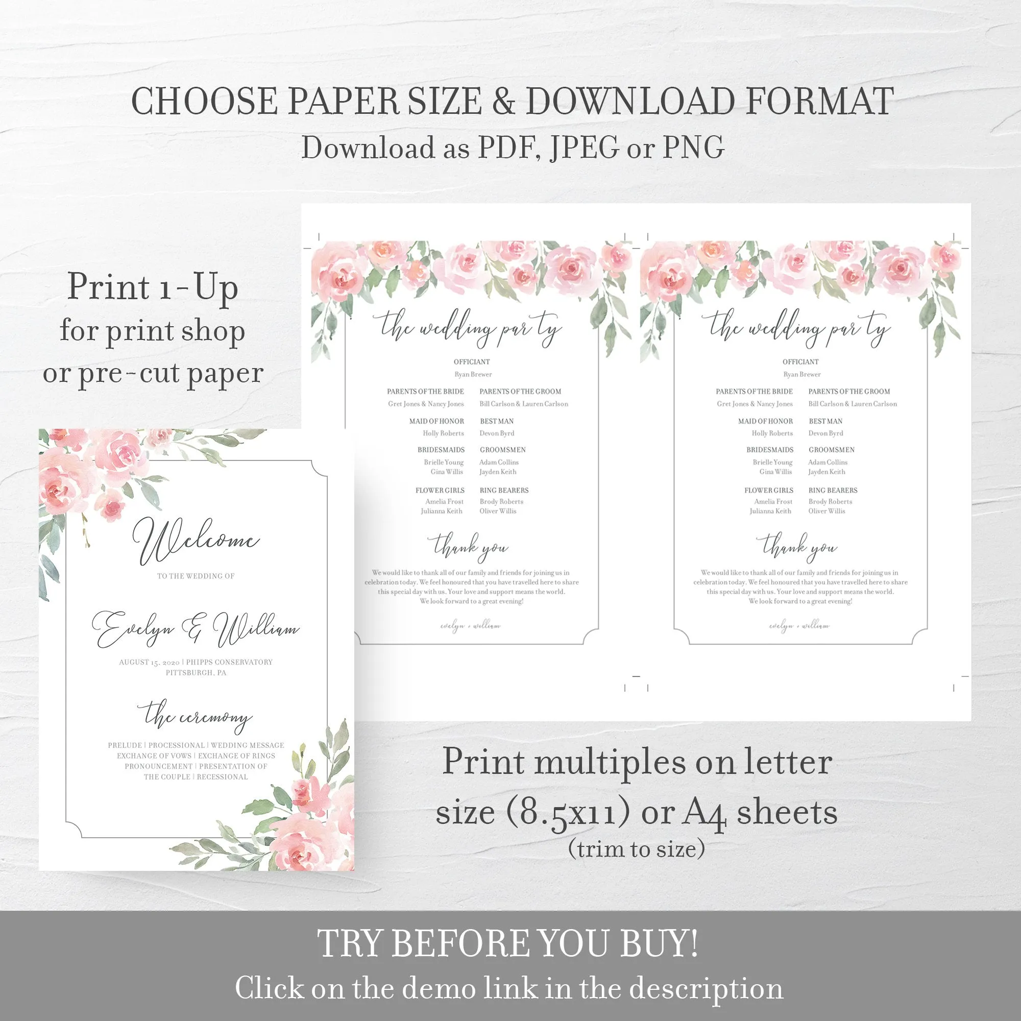 Blush Pink Floral Wedding Ceremony Program Template, Printable, Editable INSTANT DOWNLOAD - FR100