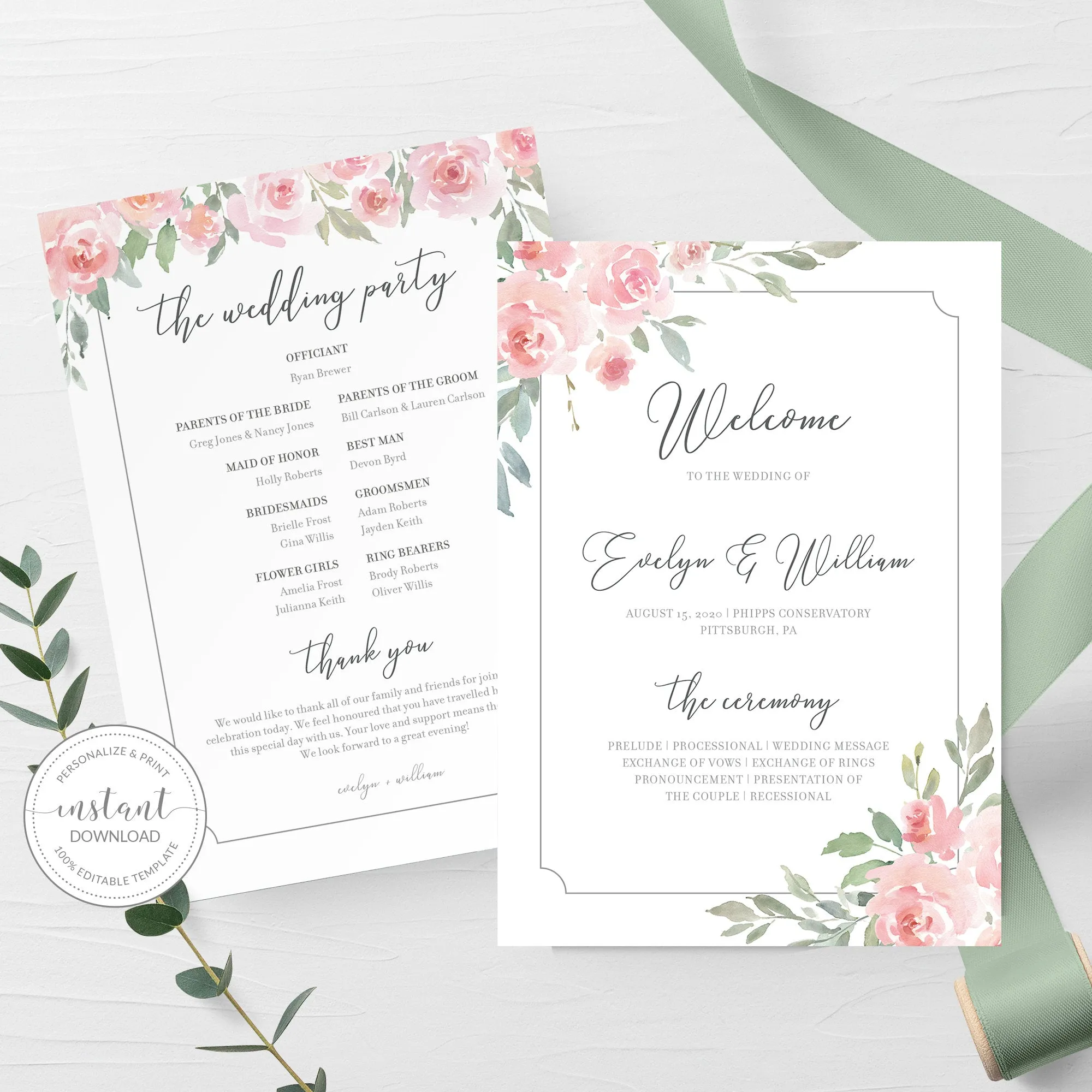 Blush Pink Floral Wedding Ceremony Program Template, Printable, Editable INSTANT DOWNLOAD - FR100