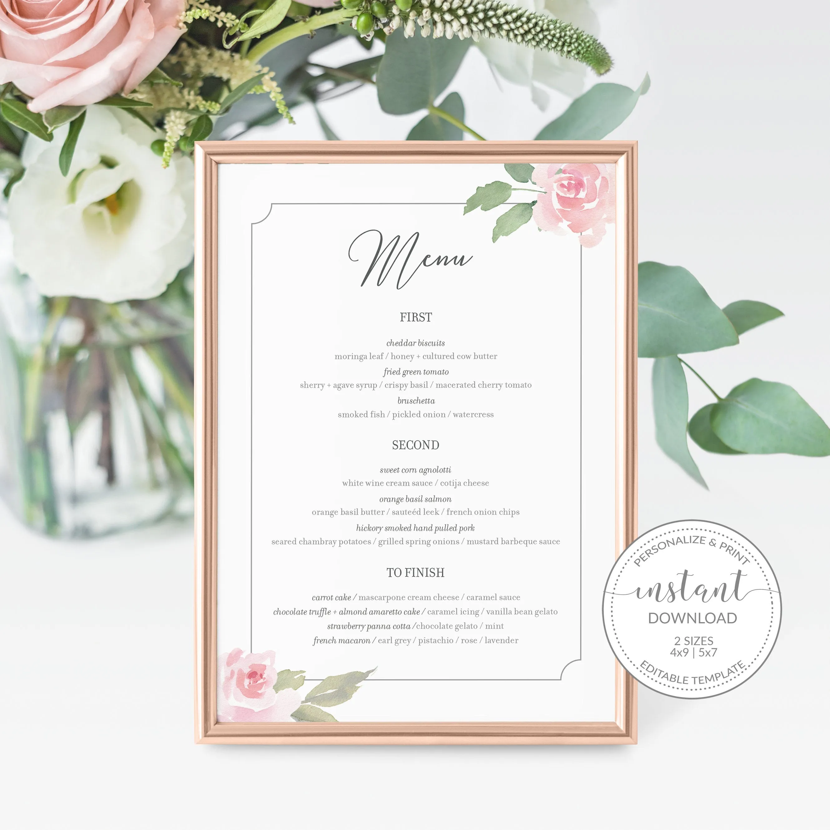 Blush Pink Floral Wedding Menu Template, Printable, Editable INSTANT DOWNLOAD - FR100
