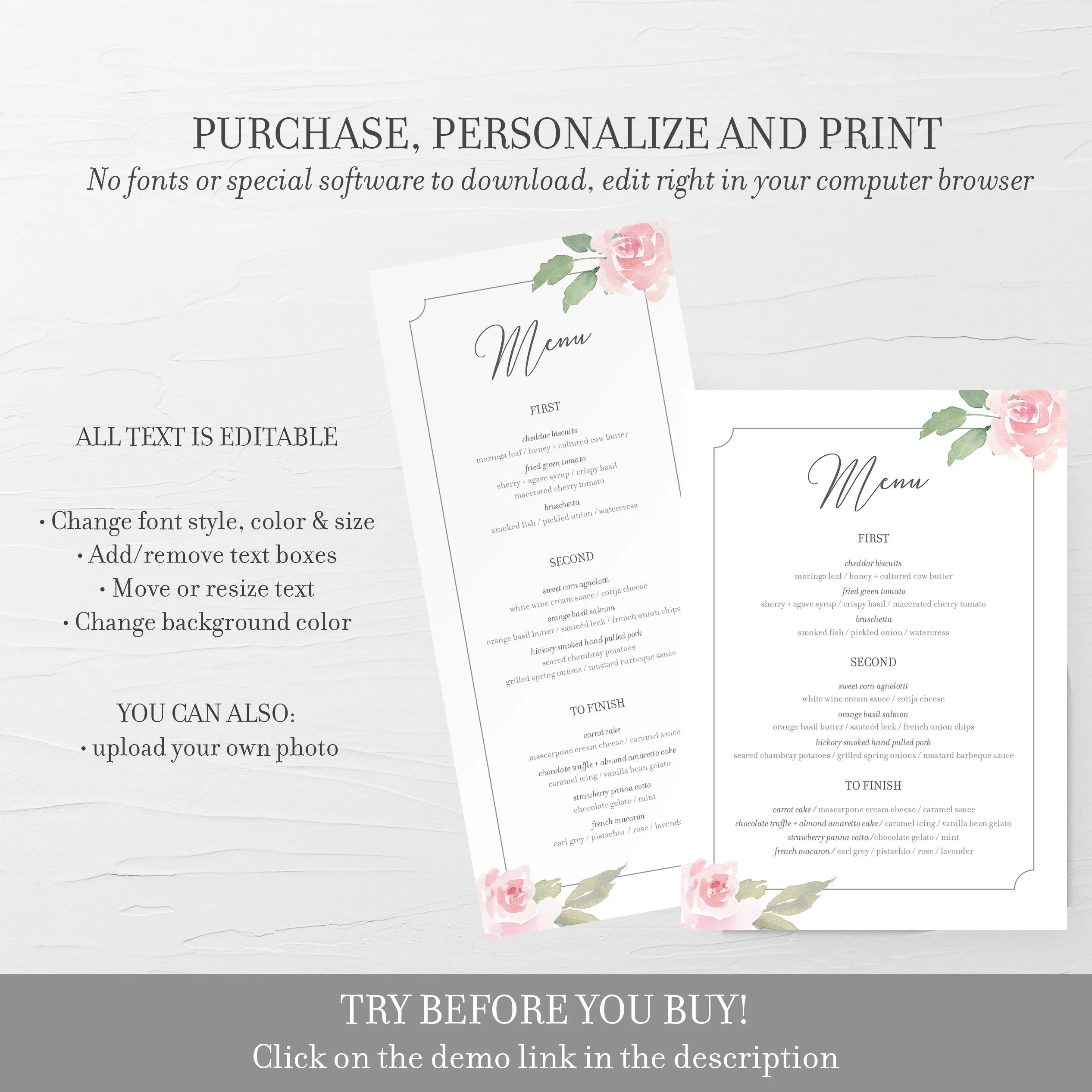 Blush Pink Floral Wedding Menu Template, Printable, Editable INSTANT DOWNLOAD - FR100