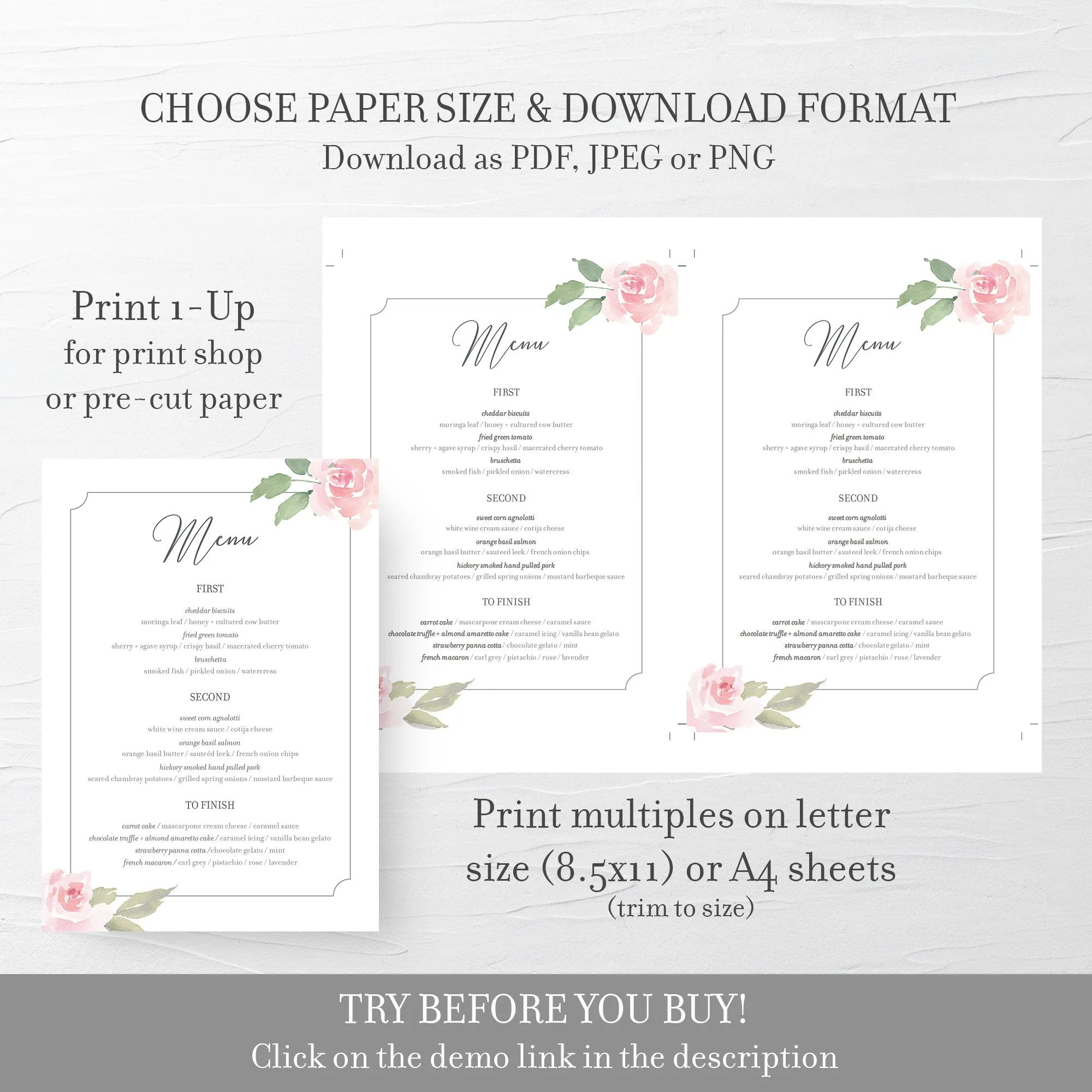 Blush Pink Floral Wedding Menu Template, Printable, Editable INSTANT DOWNLOAD - FR100