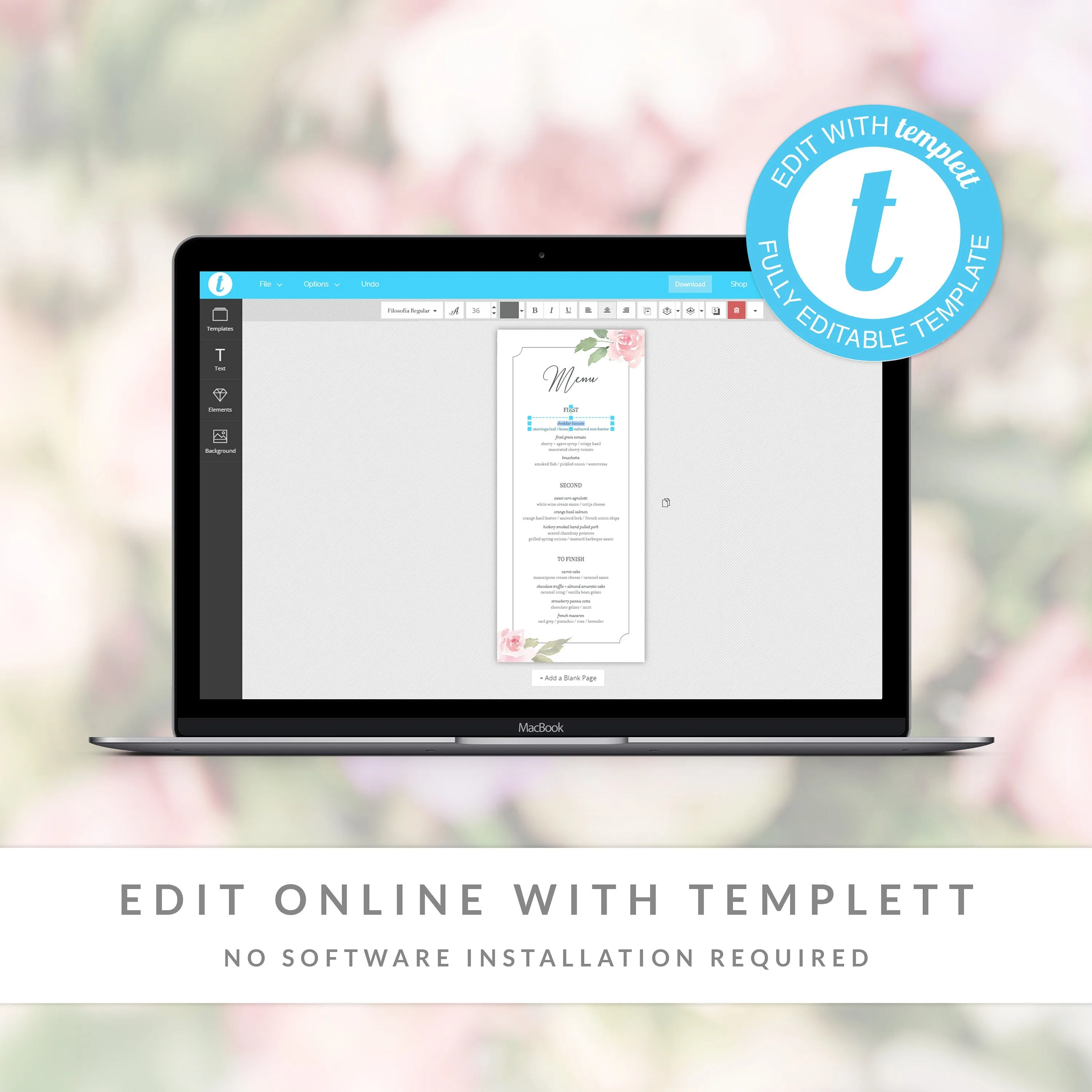 Blush Pink Floral Wedding Menu Template, Printable, Editable INSTANT DOWNLOAD - FR100