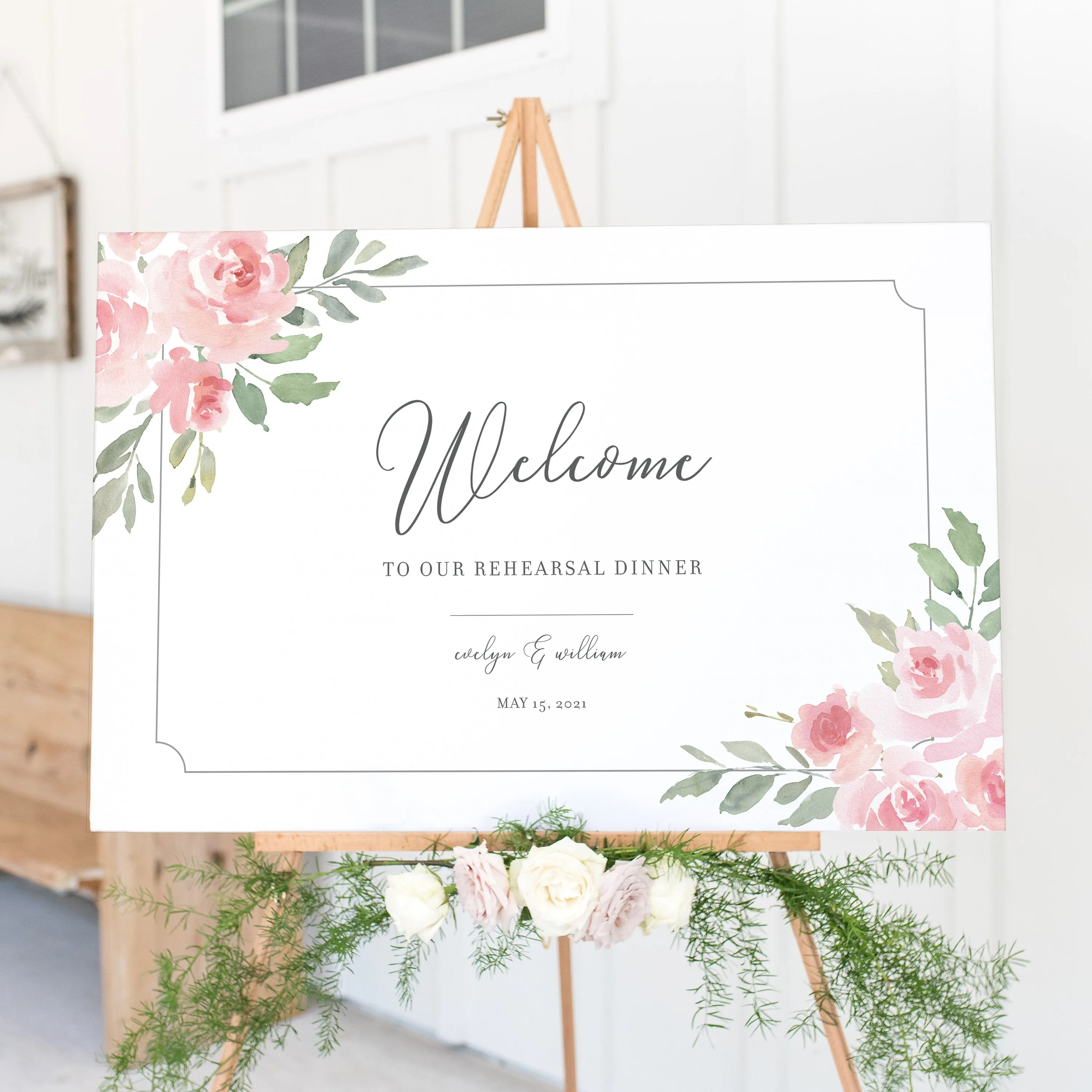 Blush Pink Floral Wedding Rehearsal Dinner Welcome Sign Template, Printable Large Wedding Welcome Sign, Editable INSTANT DOWNLOAD - FR100