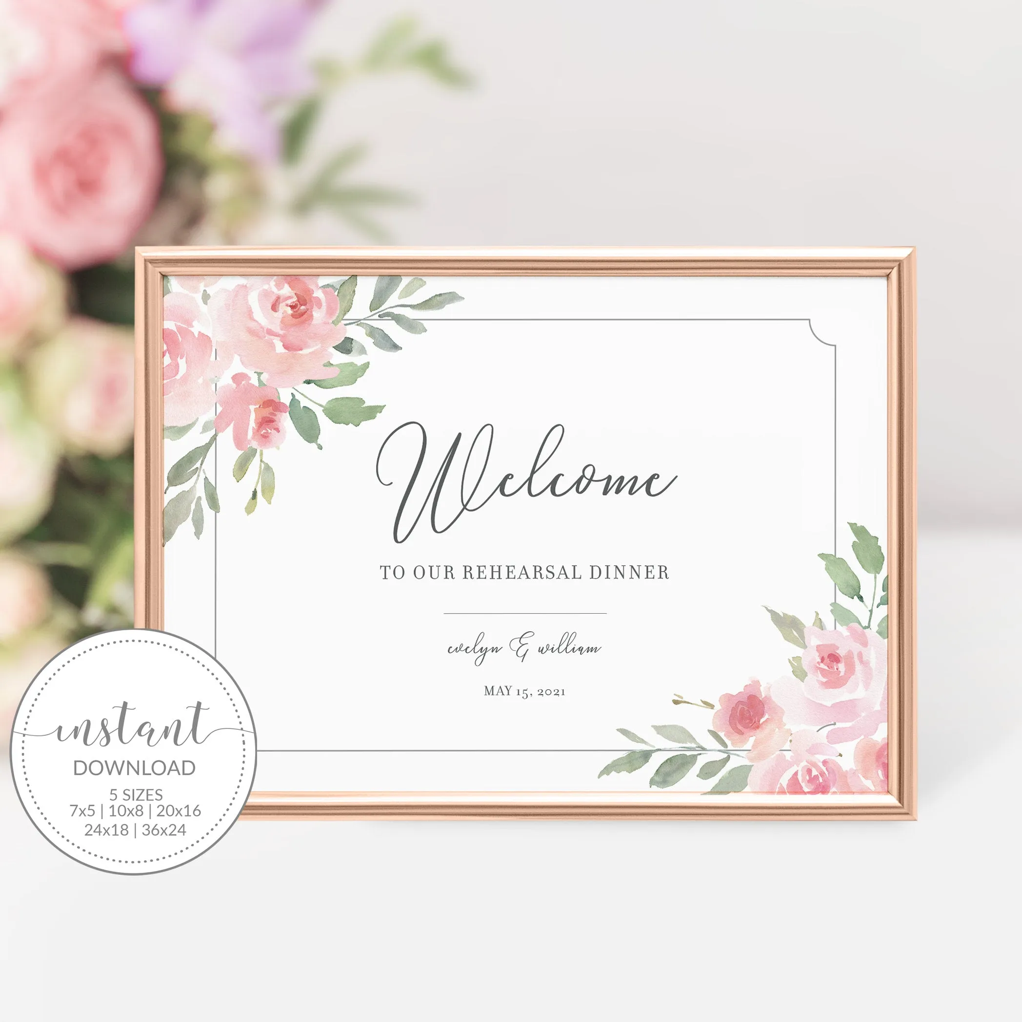 Blush Pink Floral Wedding Rehearsal Dinner Welcome Sign Template, Printable Large Wedding Welcome Sign, Editable INSTANT DOWNLOAD - FR100