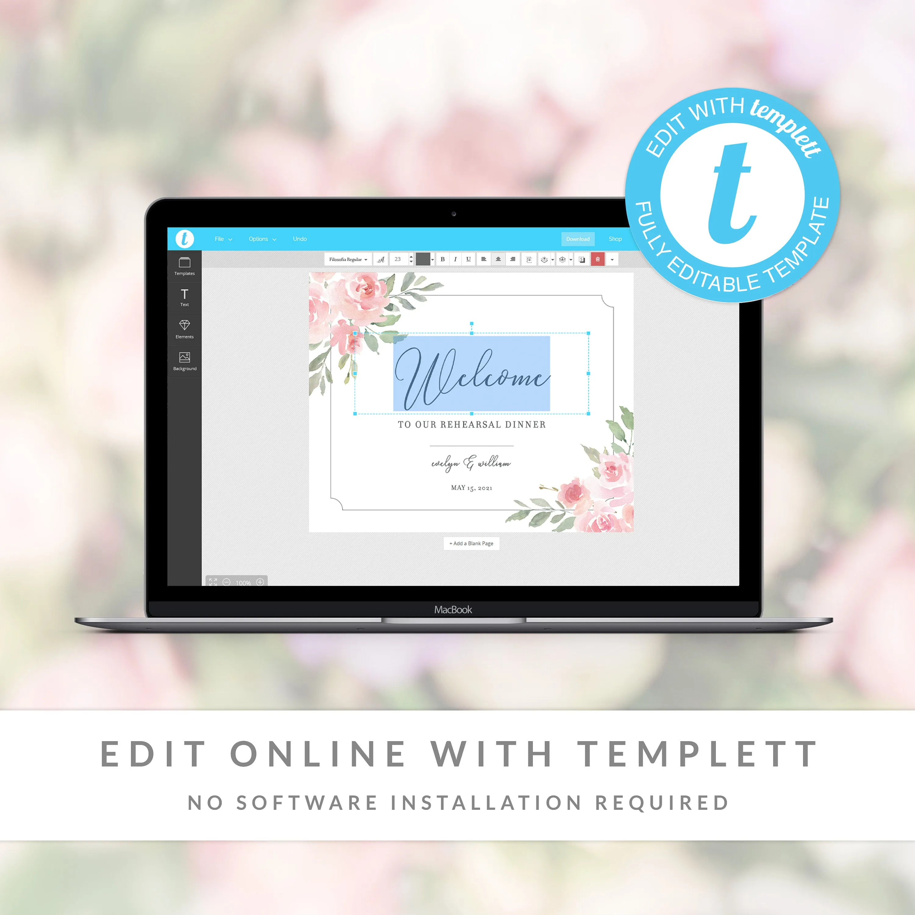 Blush Pink Floral Wedding Rehearsal Dinner Welcome Sign Template, Printable Large Wedding Welcome Sign, Editable INSTANT DOWNLOAD - FR100