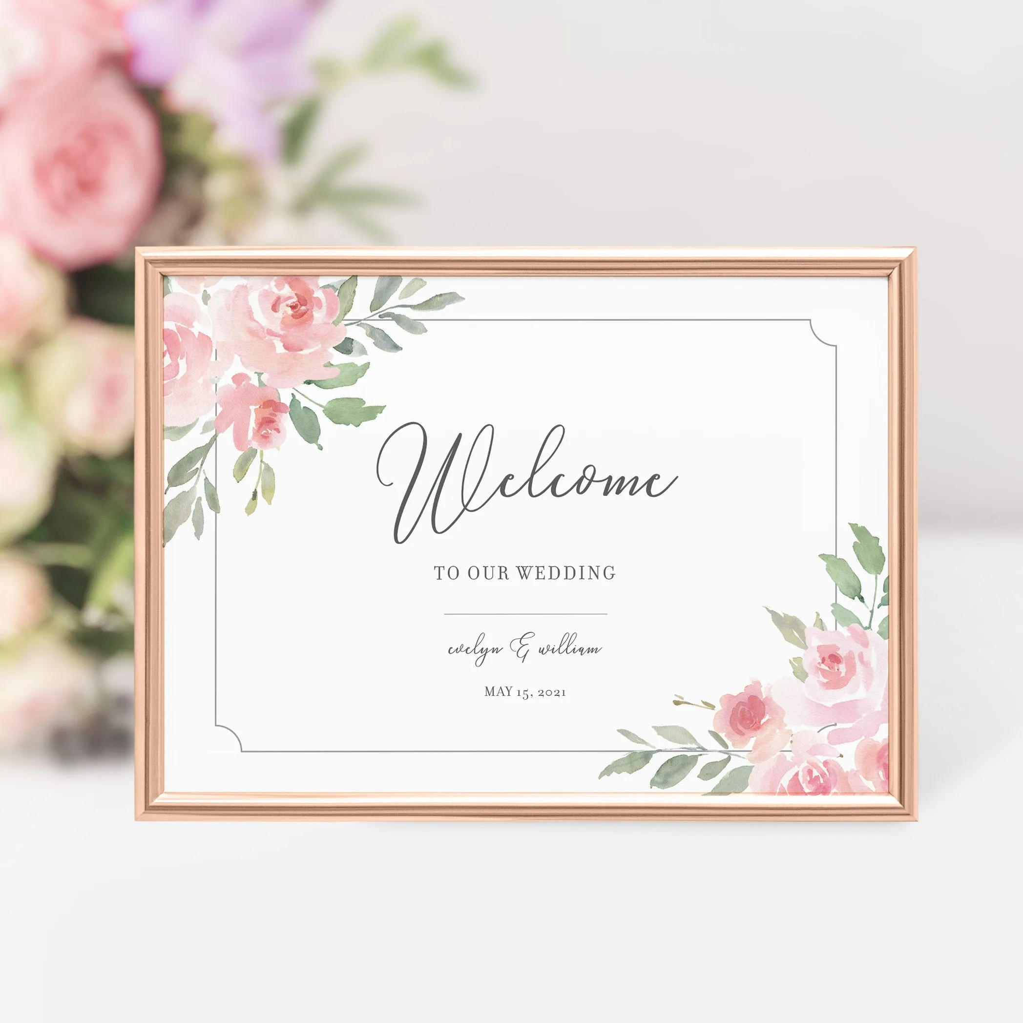 Blush Pink Floral Welcome To Our Wedding Sign Template, Printable Large Wedding Welcome Sign, Editable INSTANT DOWNLOAD - FR100