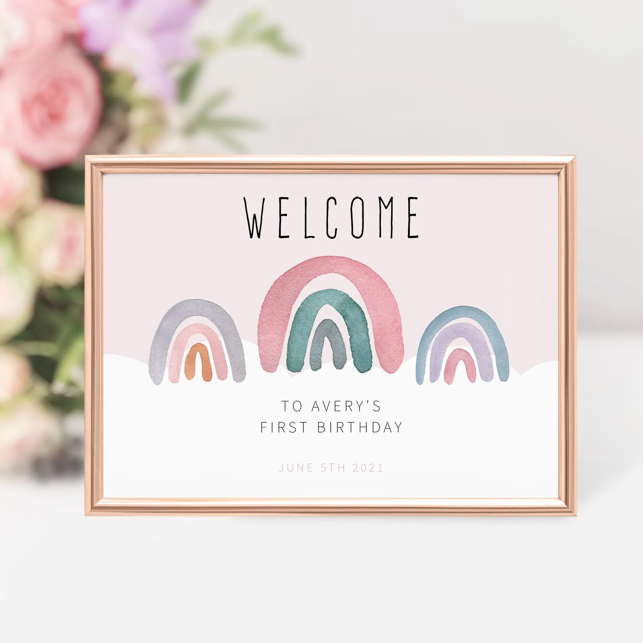 Boho Rainbow Party Welcome Sign Template, Printable Large Watercolor Rainbow Welcome Sign, Editable INSTANT DOWNLOAD - R100