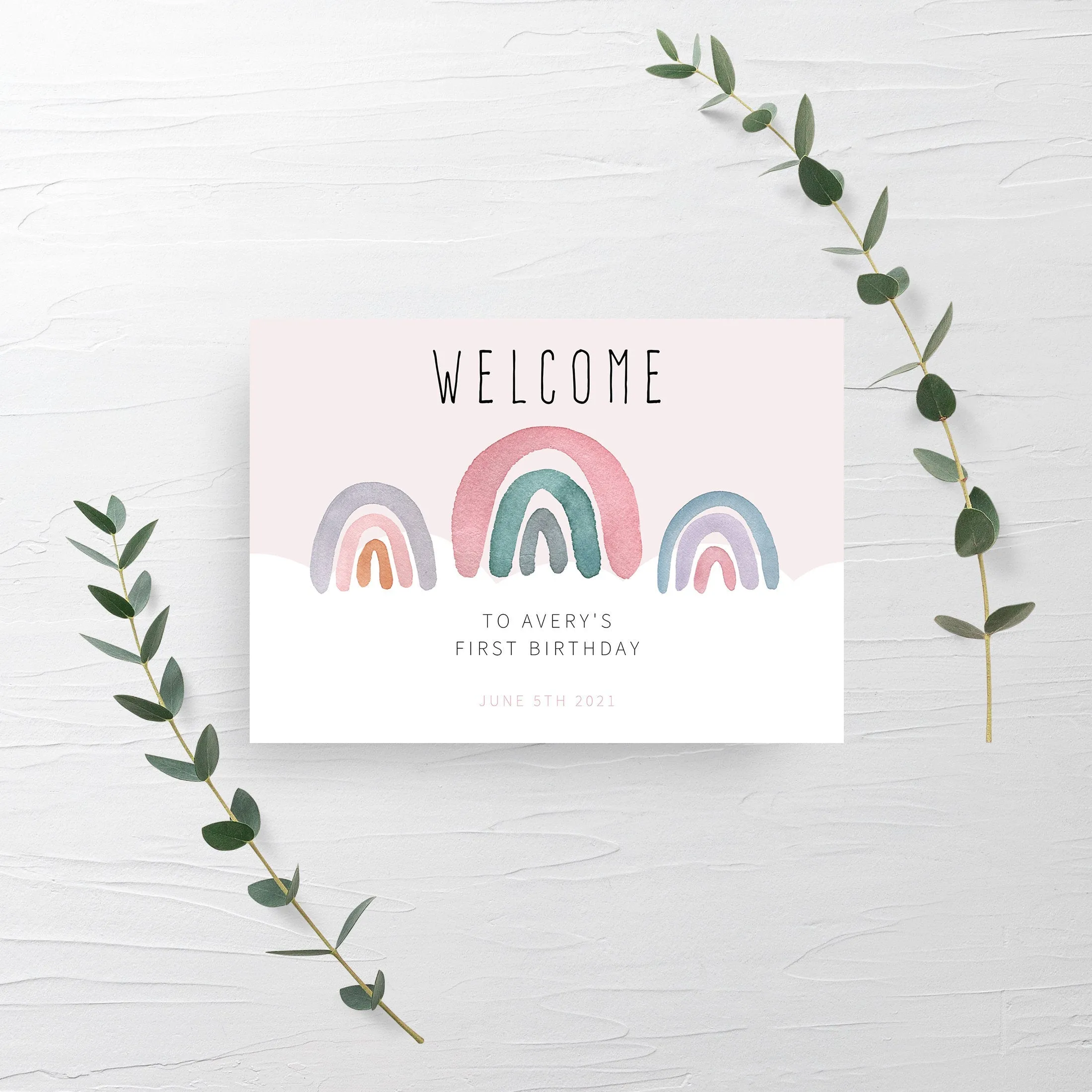 Boho Rainbow Party Welcome Sign Template, Printable Large Watercolor Rainbow Welcome Sign, Editable INSTANT DOWNLOAD - R100