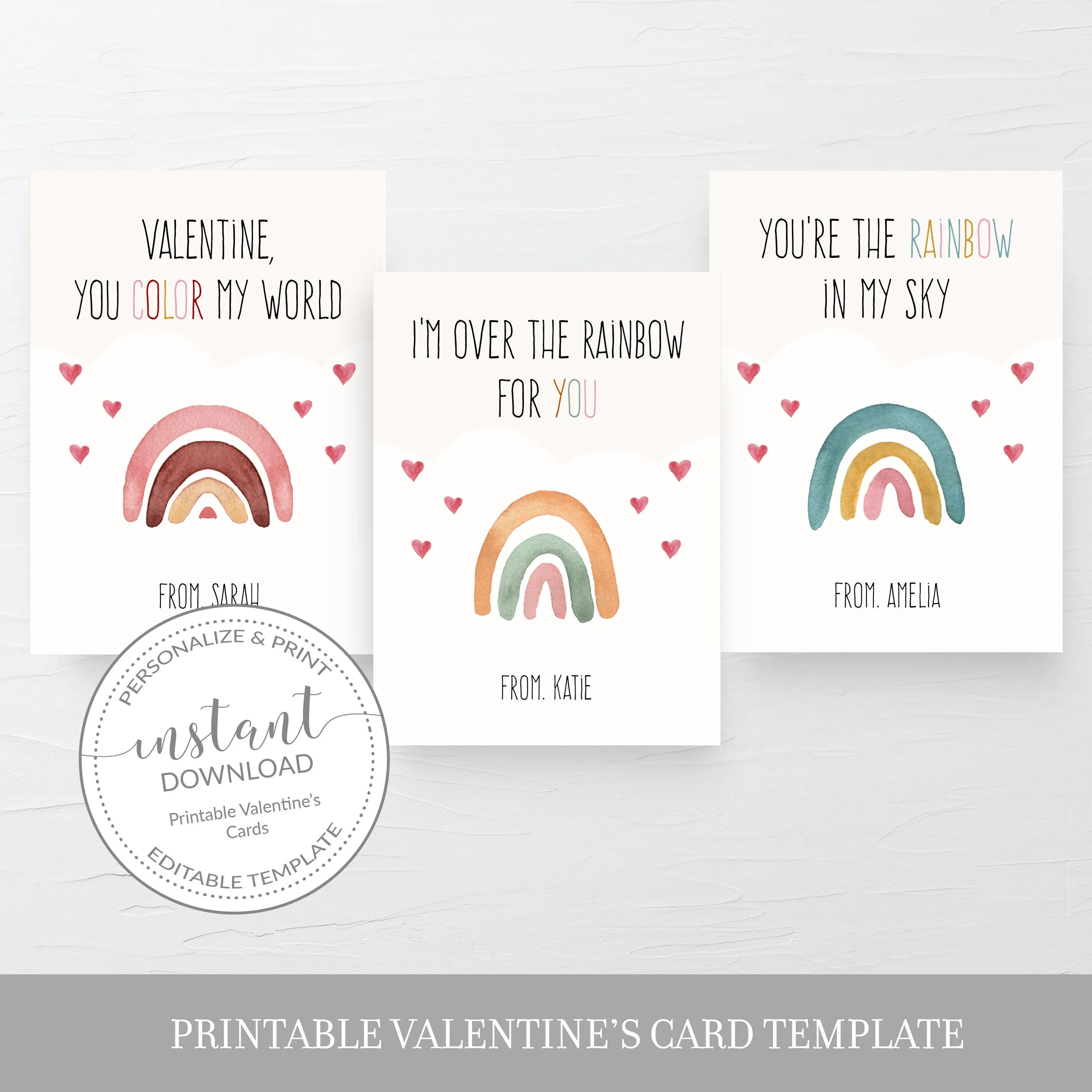 Boho Rainbow Printable Valentine Card Template, Printable Pastel Rainbow Valentine Cards for Kids, Editable INSTANT DOWNLOAD - R100