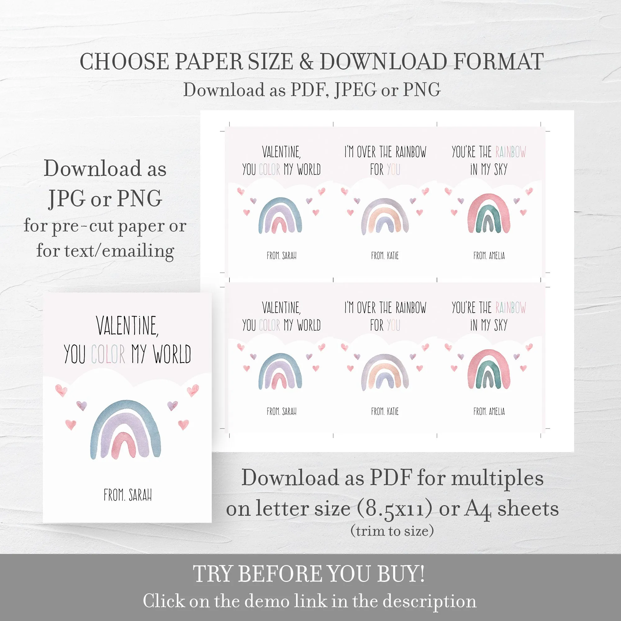 Boho Rainbow Printable Valentine Card Template, Printable Pastel Rainbow Valentine Cards for Kids, Editable INSTANT DOWNLOAD - R100