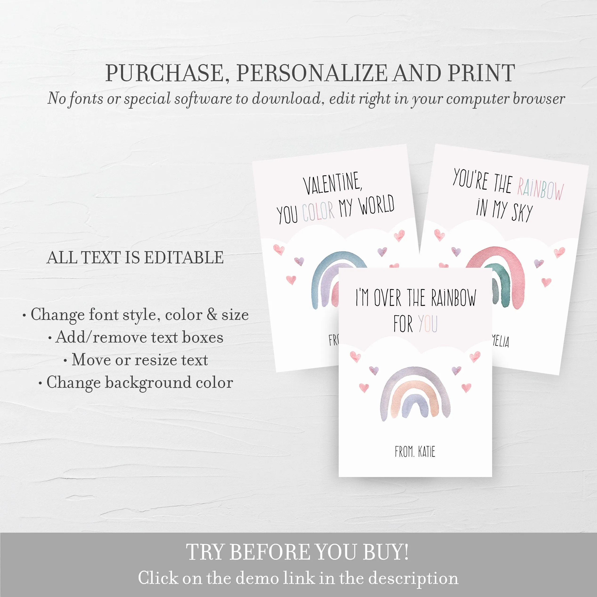 Boho Rainbow Printable Valentine Card Template, Printable Pastel Rainbow Valentine Cards for Kids, Editable INSTANT DOWNLOAD - R100