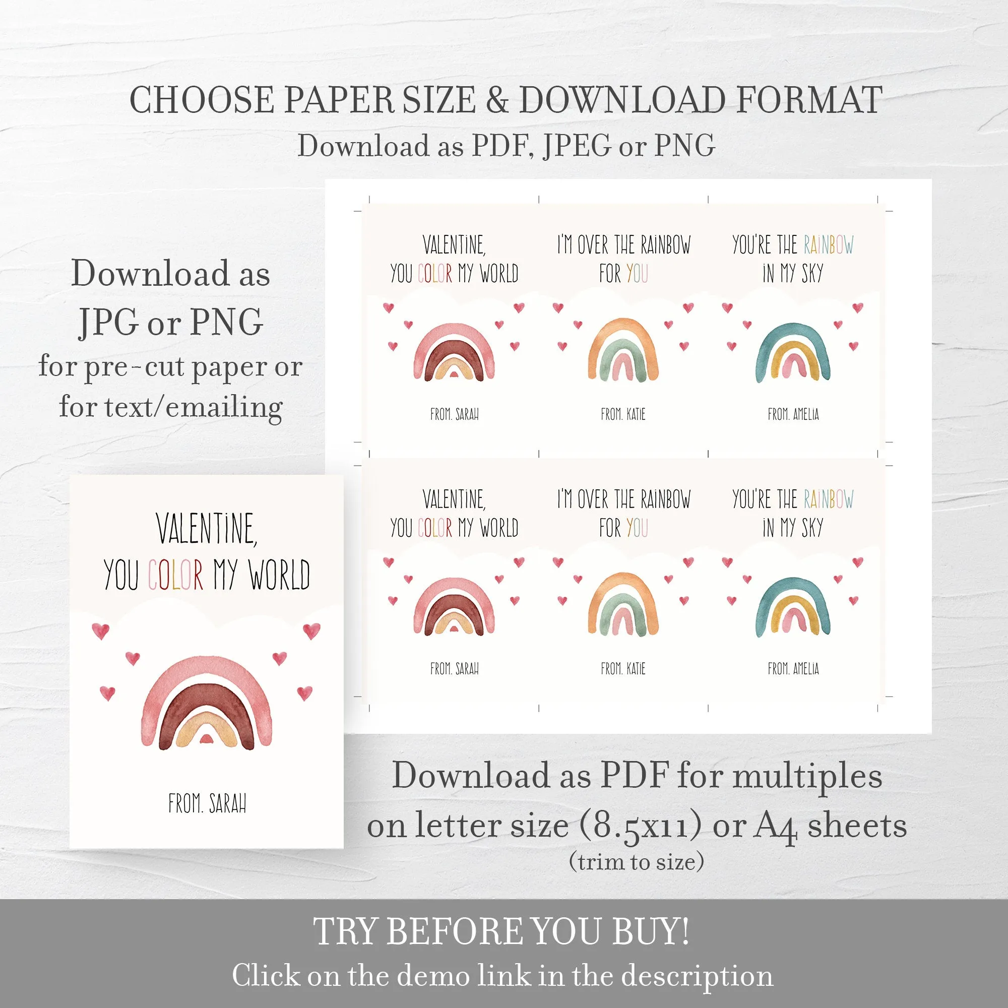 Boho Rainbow Printable Valentine Card Template, Printable Pastel Rainbow Valentine Cards for Kids, Editable INSTANT DOWNLOAD - R100