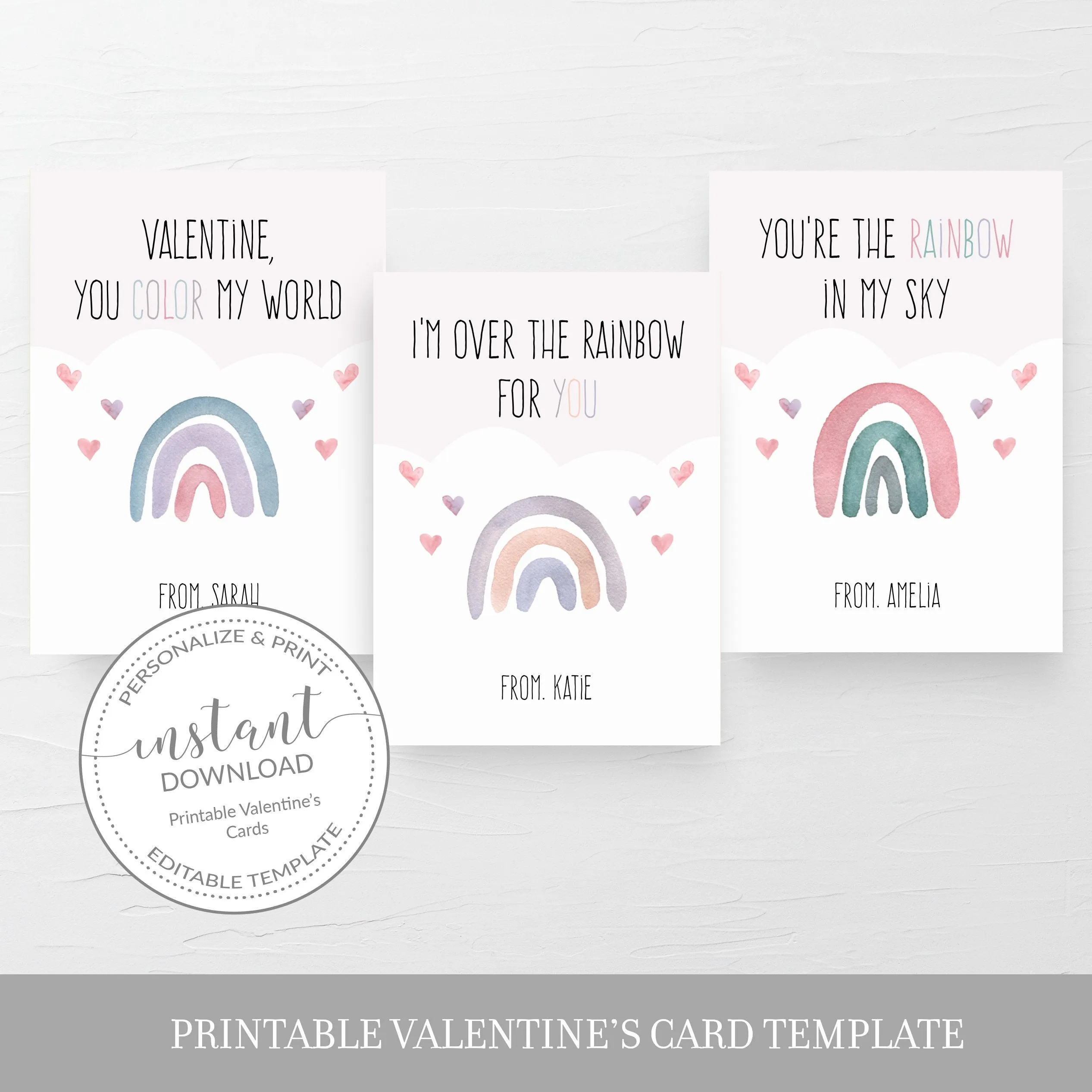 Boho Rainbow Printable Valentine Card Template, Printable Pastel Rainbow Valentine Cards for Kids, Editable INSTANT DOWNLOAD - R100