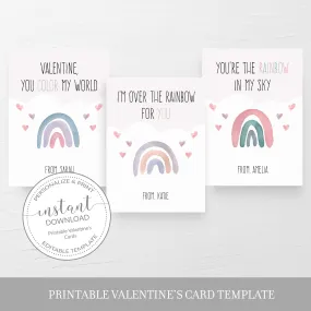 Boho Rainbow Printable Valentine Card Template, Printable Pastel Rainbow Valentine Cards for Kids, Editable INSTANT DOWNLOAD - R100