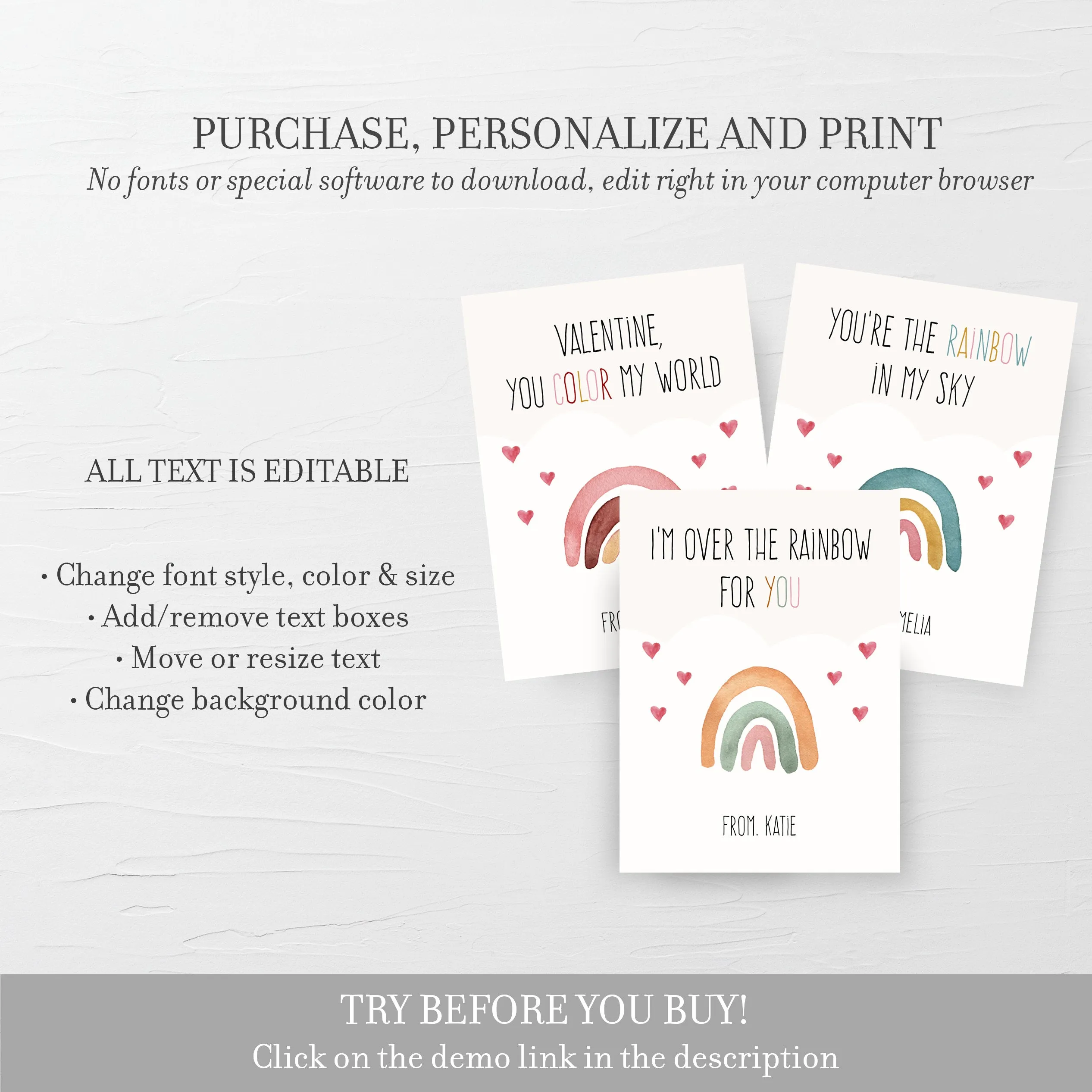 Boho Rainbow Printable Valentine Card Template, Printable Pastel Rainbow Valentine Cards for Kids, Editable INSTANT DOWNLOAD - R100