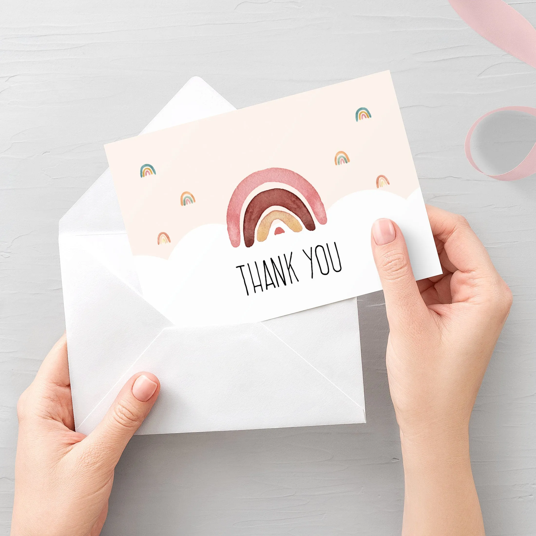 Boho Rainbow Thank You Card Template, Printable Watercolor Rainbow Thank You Note, Baby Shower Thank You Card, Folded and Flat 5X3.5 5X3.5, Editable INSTANT DOWNLOAD - R100