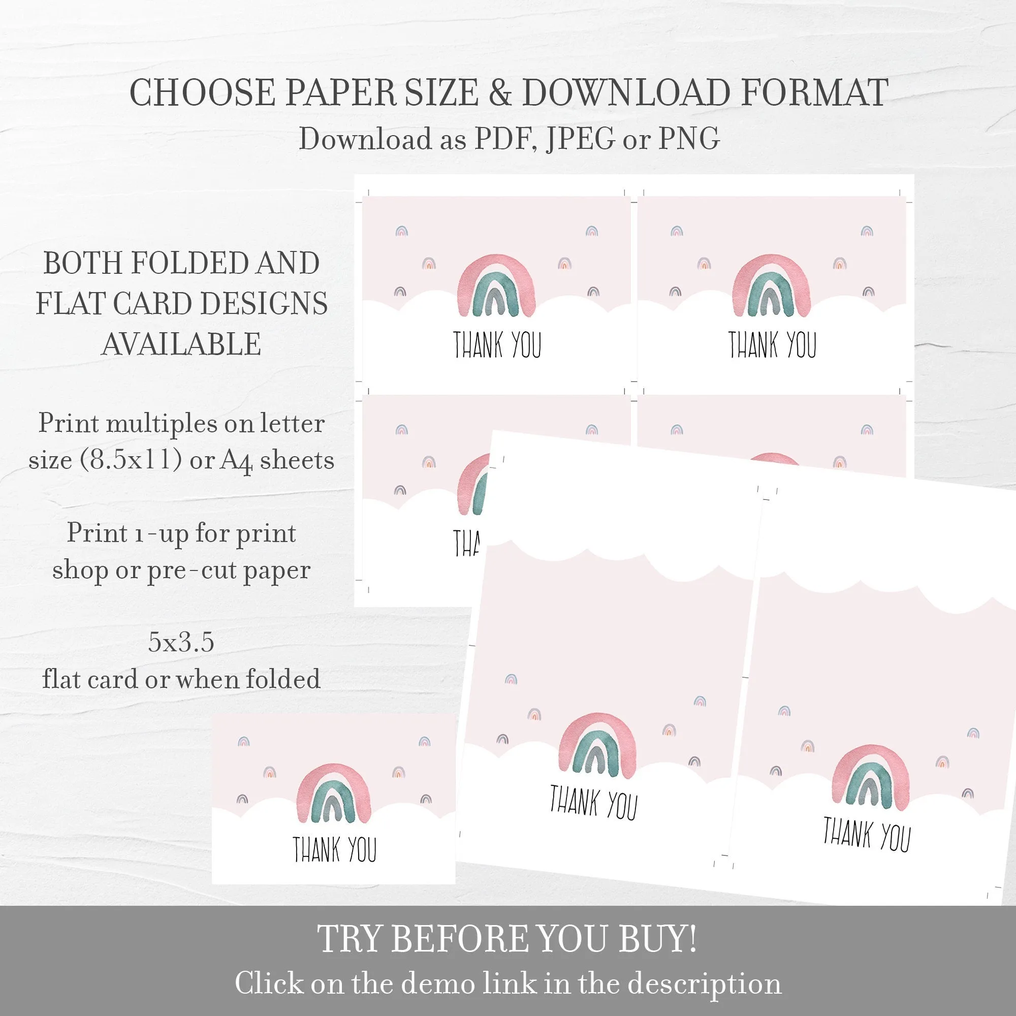 Boho Rainbow Thank You Card Template, Printable Watercolor Rainbow Thank You Note, Baby Shower Thank You Card, Folded and Flat 5X3.5 5X3.5, Editable INSTANT DOWNLOAD - R100