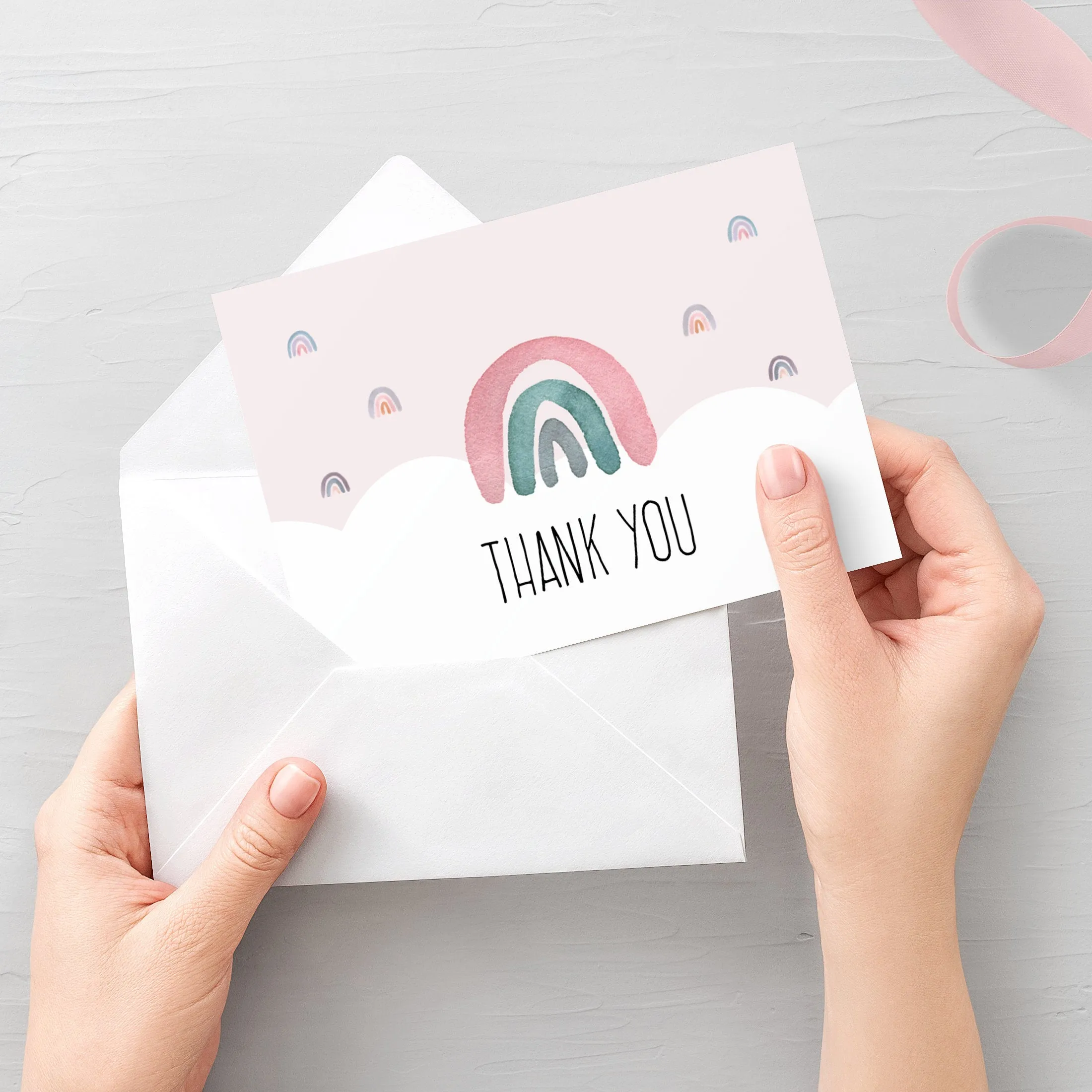 Boho Rainbow Thank You Card Template, Printable Watercolor Rainbow Thank You Note, Baby Shower Thank You Card, Folded and Flat 5X3.5 5X3.5, Editable INSTANT DOWNLOAD - R100