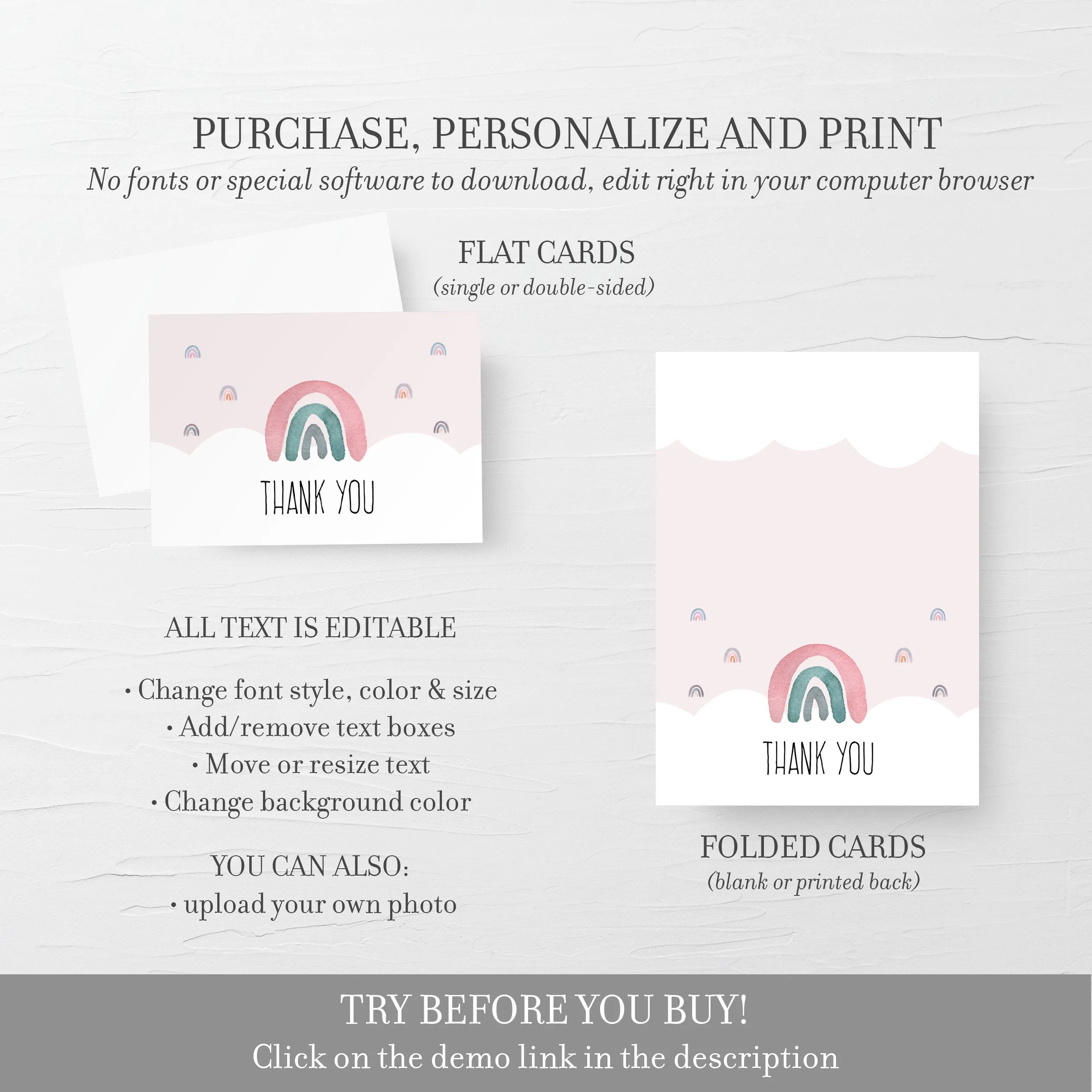 Boho Rainbow Thank You Card Template, Printable Watercolor Rainbow Thank You Note, Baby Shower Thank You Card, Folded and Flat 5X3.5 5X3.5, Editable INSTANT DOWNLOAD - R100