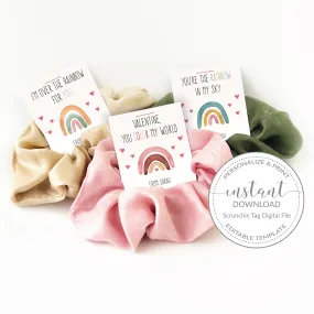 Boho Rainbow Valentine Card Template for Hair Scrunchies, Printable Pastel Rainbow Valentine Scrunchie Tag, Editable INSTANT DOWNLOAD - R100