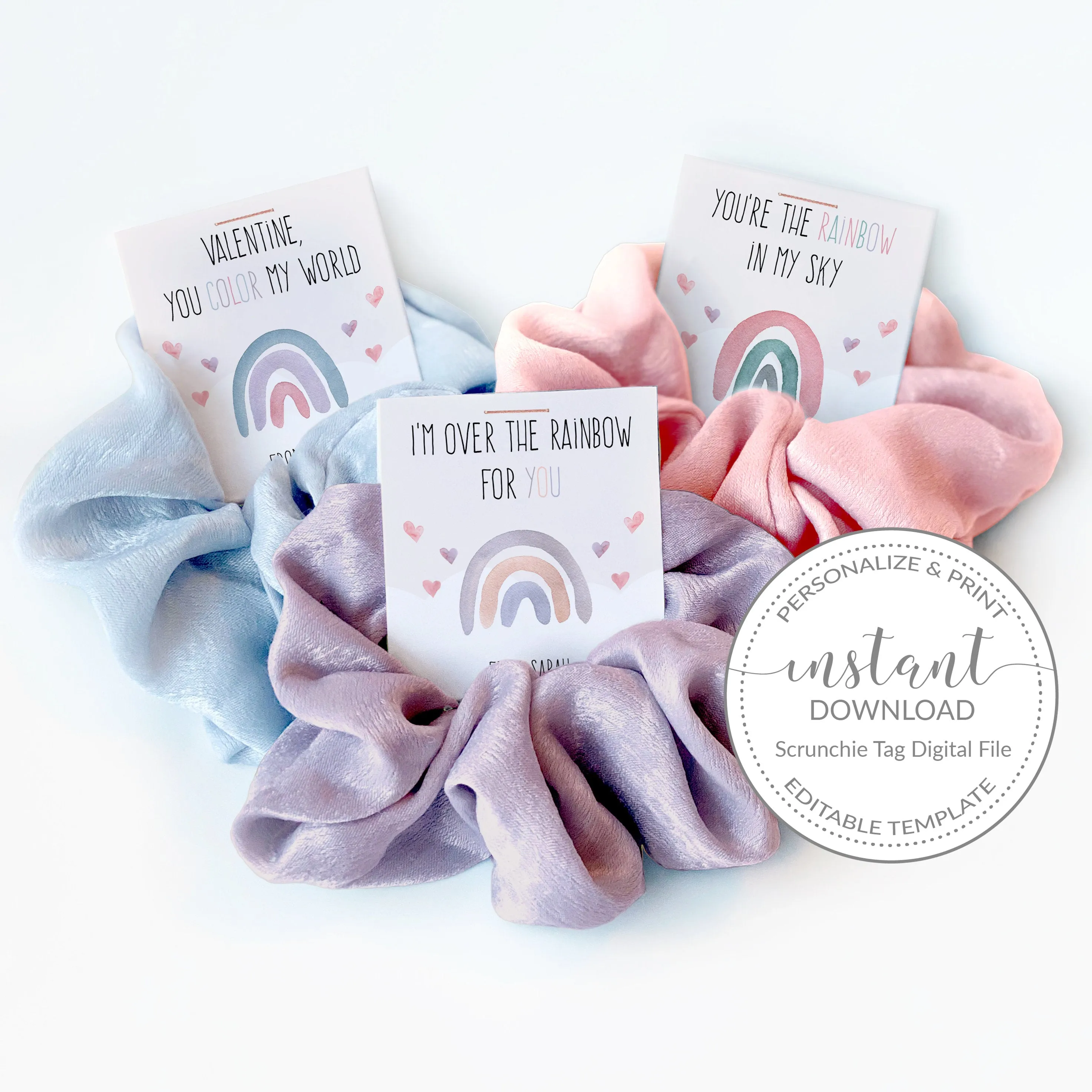 Boho Rainbow Valentine Card Template for Hair Scrunchies, Printable Pastel Rainbow Valentine Scrunchie Tag, Editable INSTANT DOWNLOAD - R100