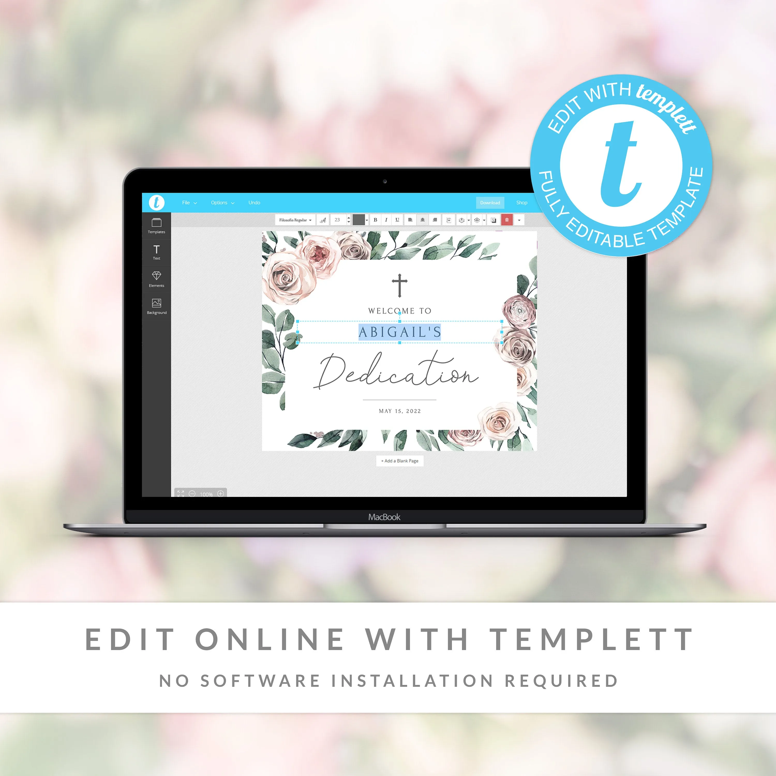 Boho Rose Baby Girl Dedication Welcome Sign Template, Printable Large Welcome Sign, Editable INSTANT DOWNLOAD - BR100
