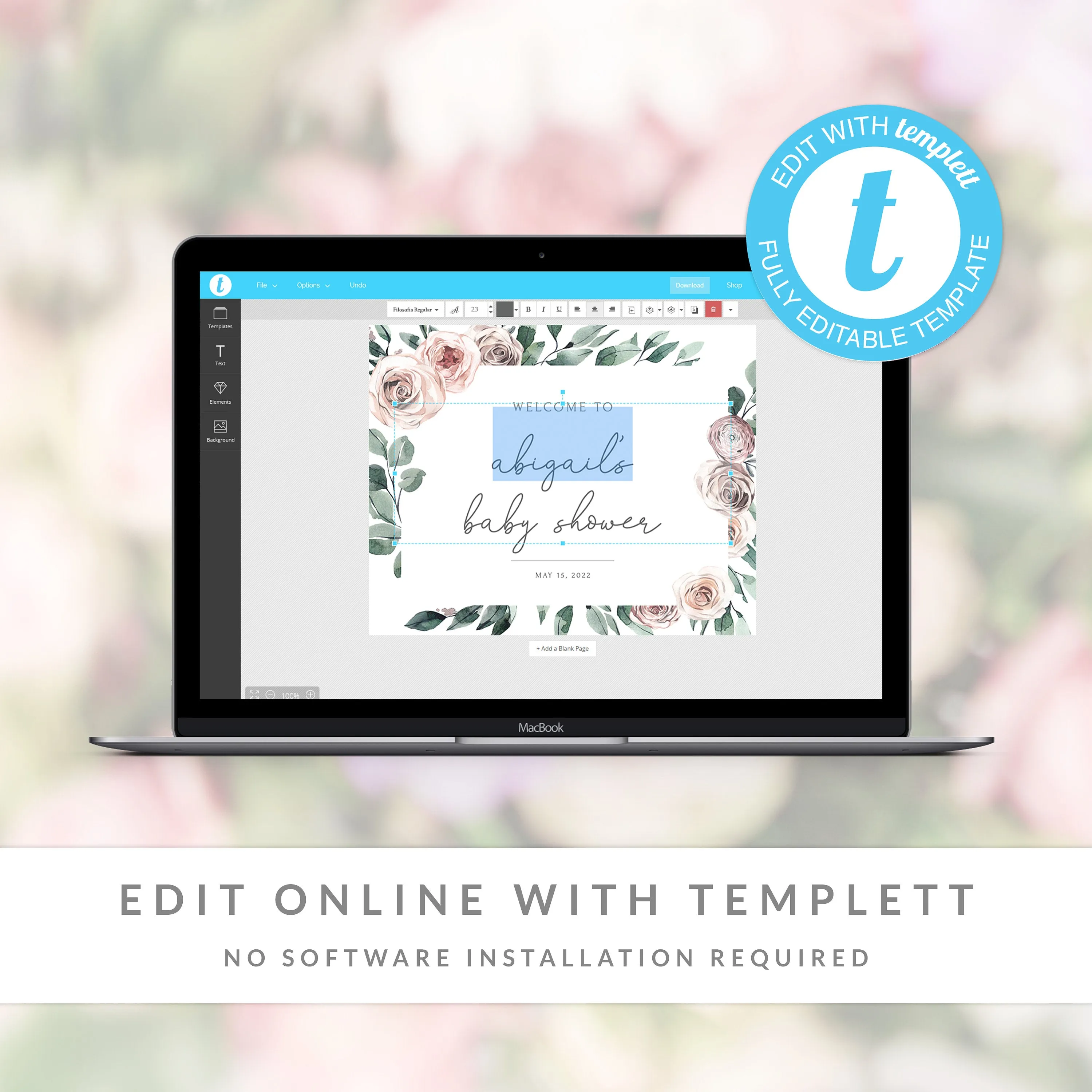 Boho Rose Baby Girl Shower Welcome Sign Template, Printable Large Welcome Sign, Editable INSTANT DOWNLOAD - BR100