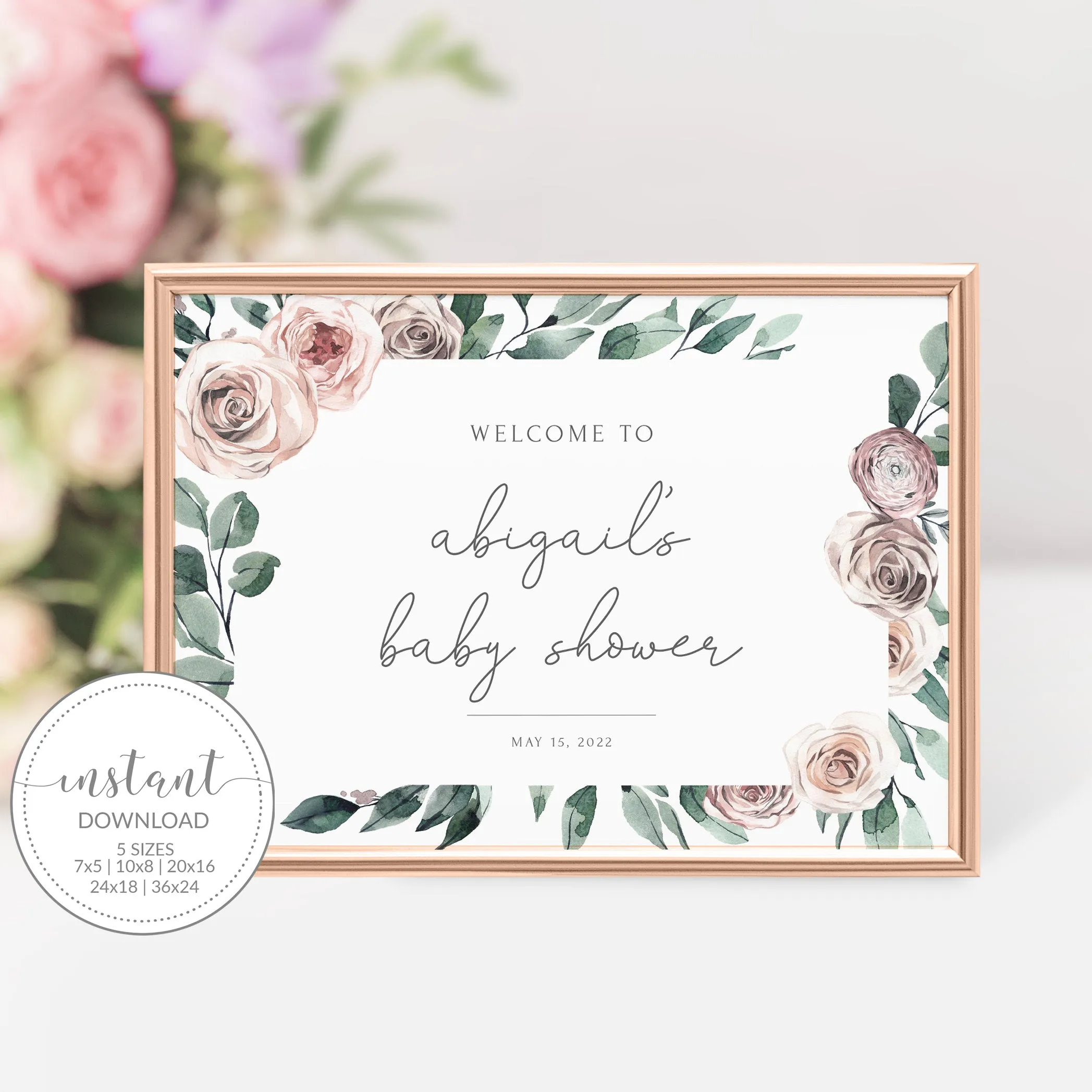Boho Rose Baby Girl Shower Welcome Sign Template, Printable Large Welcome Sign, Editable INSTANT DOWNLOAD - BR100