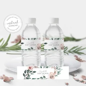 Boho Rose Baby Shower Water Bottle Labels Template, Printable Drink Wrapper, Editable INSTANT DOWNLOAD - BR100