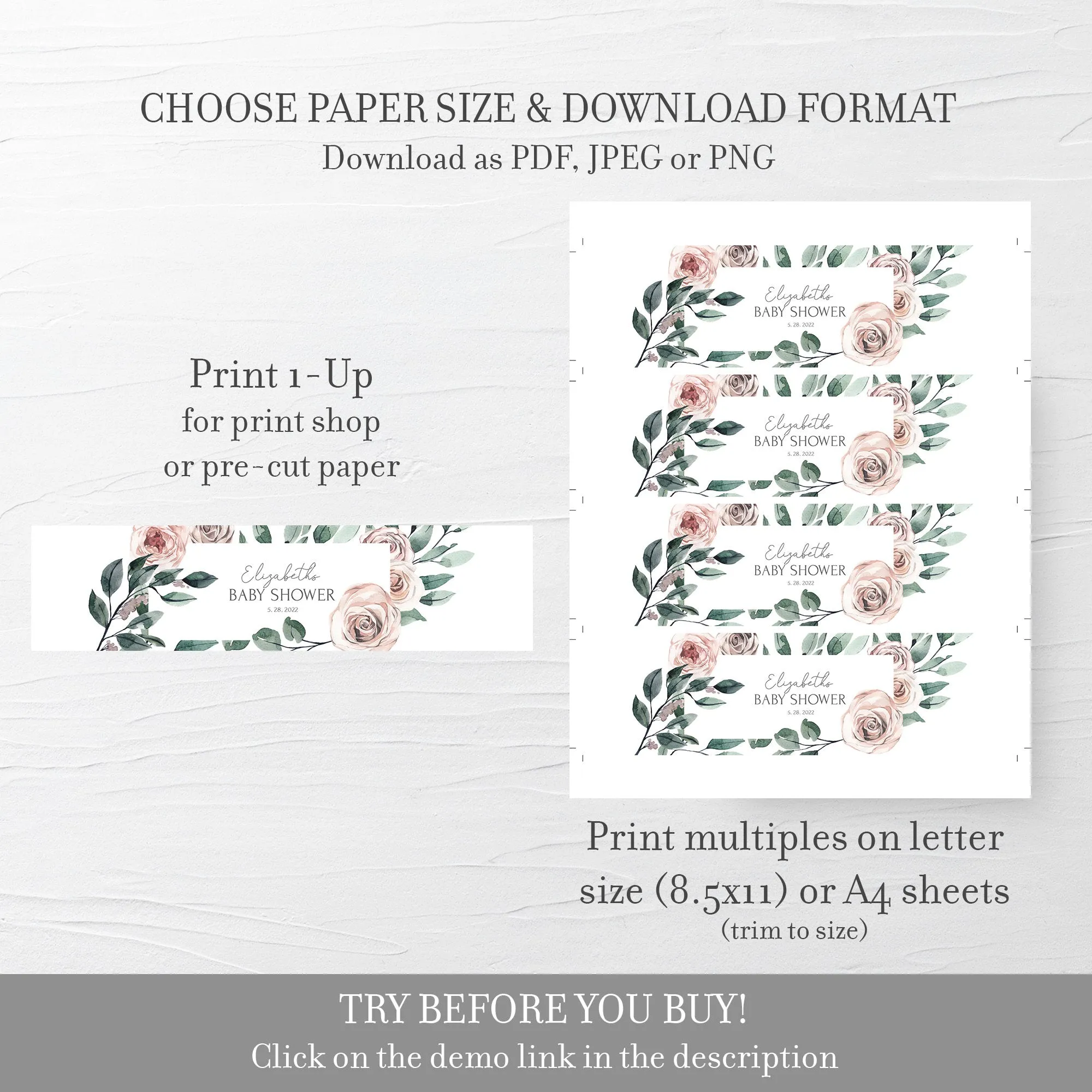 Boho Rose Baby Shower Water Bottle Labels Template, Printable Drink Wrapper, Editable INSTANT DOWNLOAD - BR100