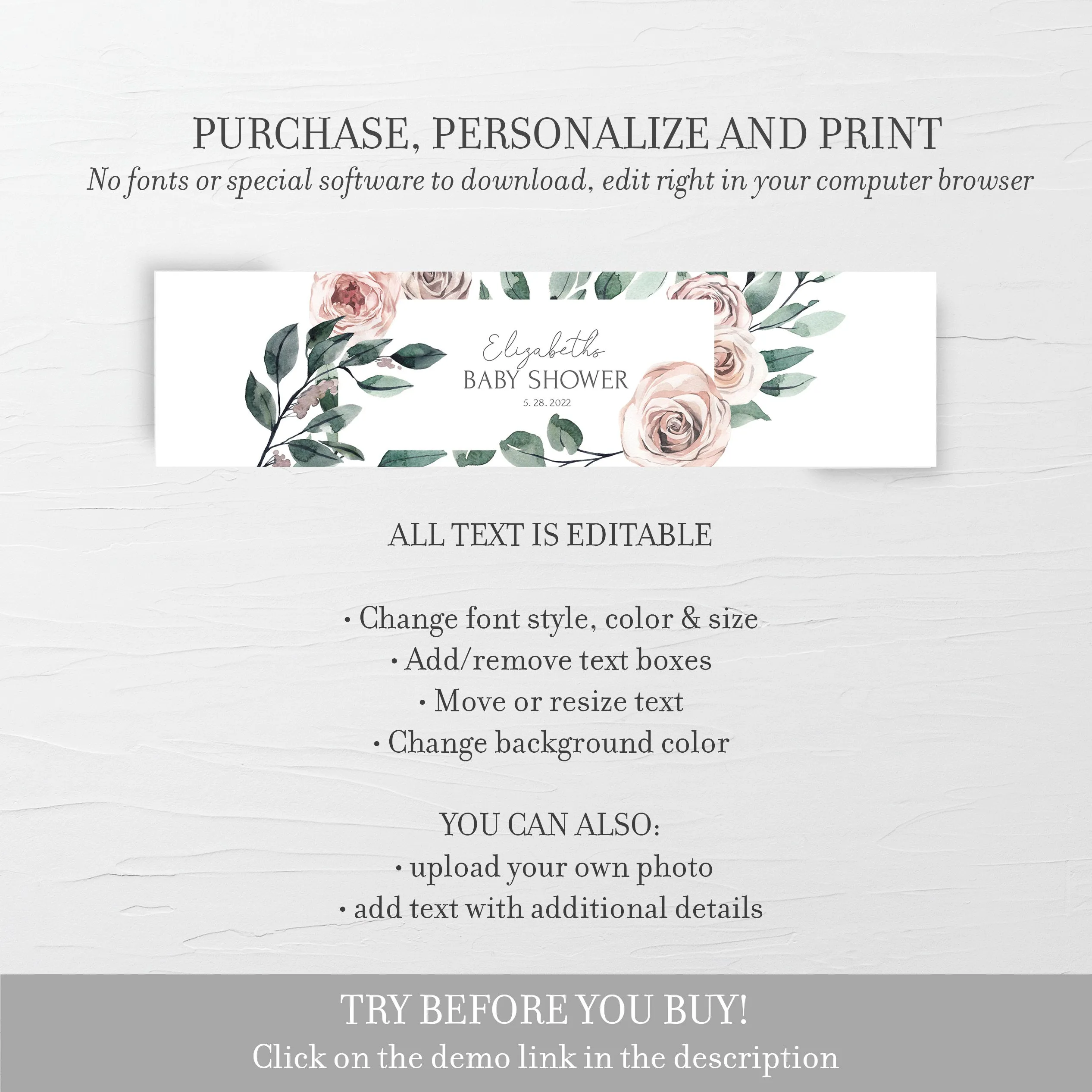 Boho Rose Baby Shower Water Bottle Labels Template, Printable Drink Wrapper, Editable INSTANT DOWNLOAD - BR100
