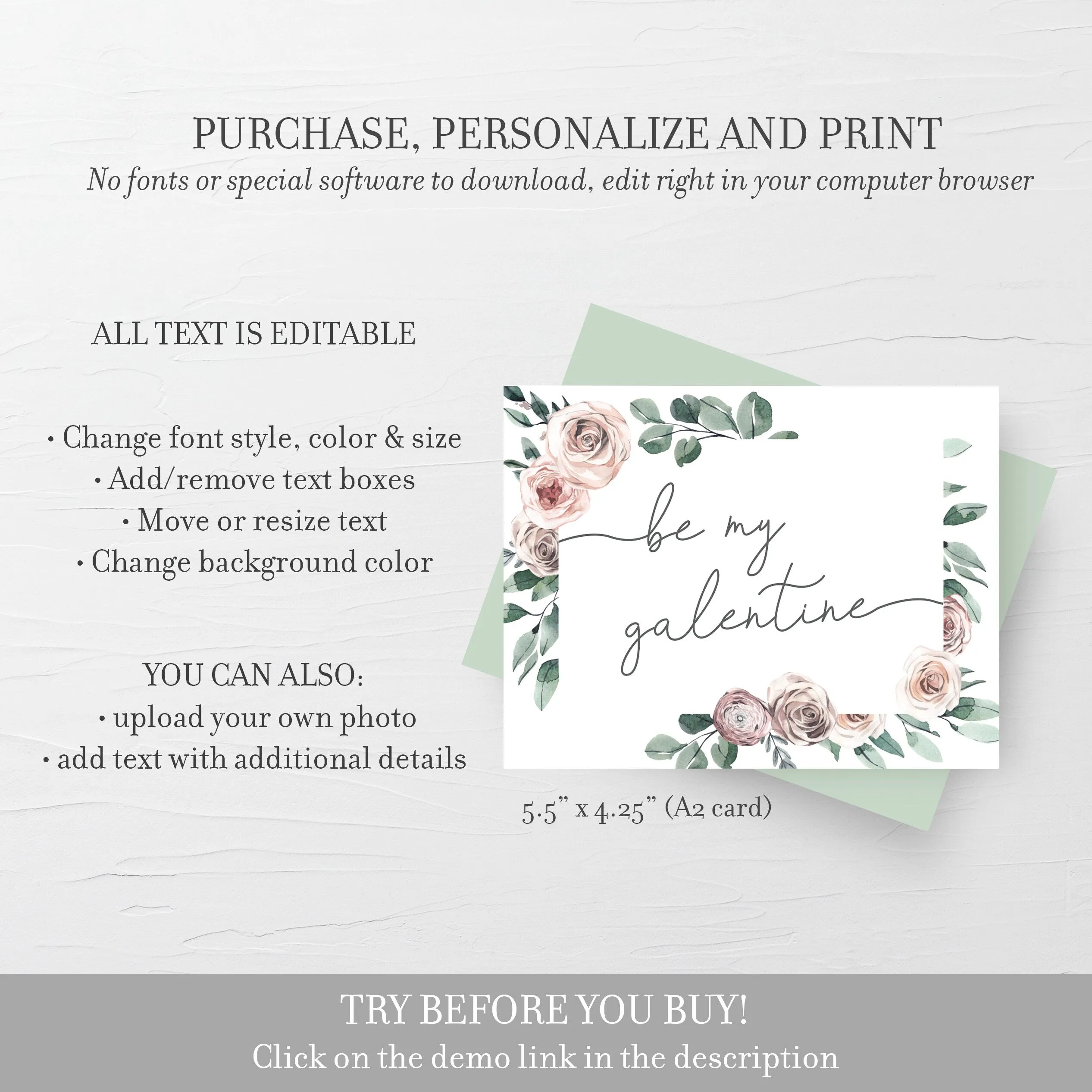 Boho Rose Be My Galentine Card Card Template, Printable Galentines Day Card, Editable INSTANT DOWNLOAD - BR100