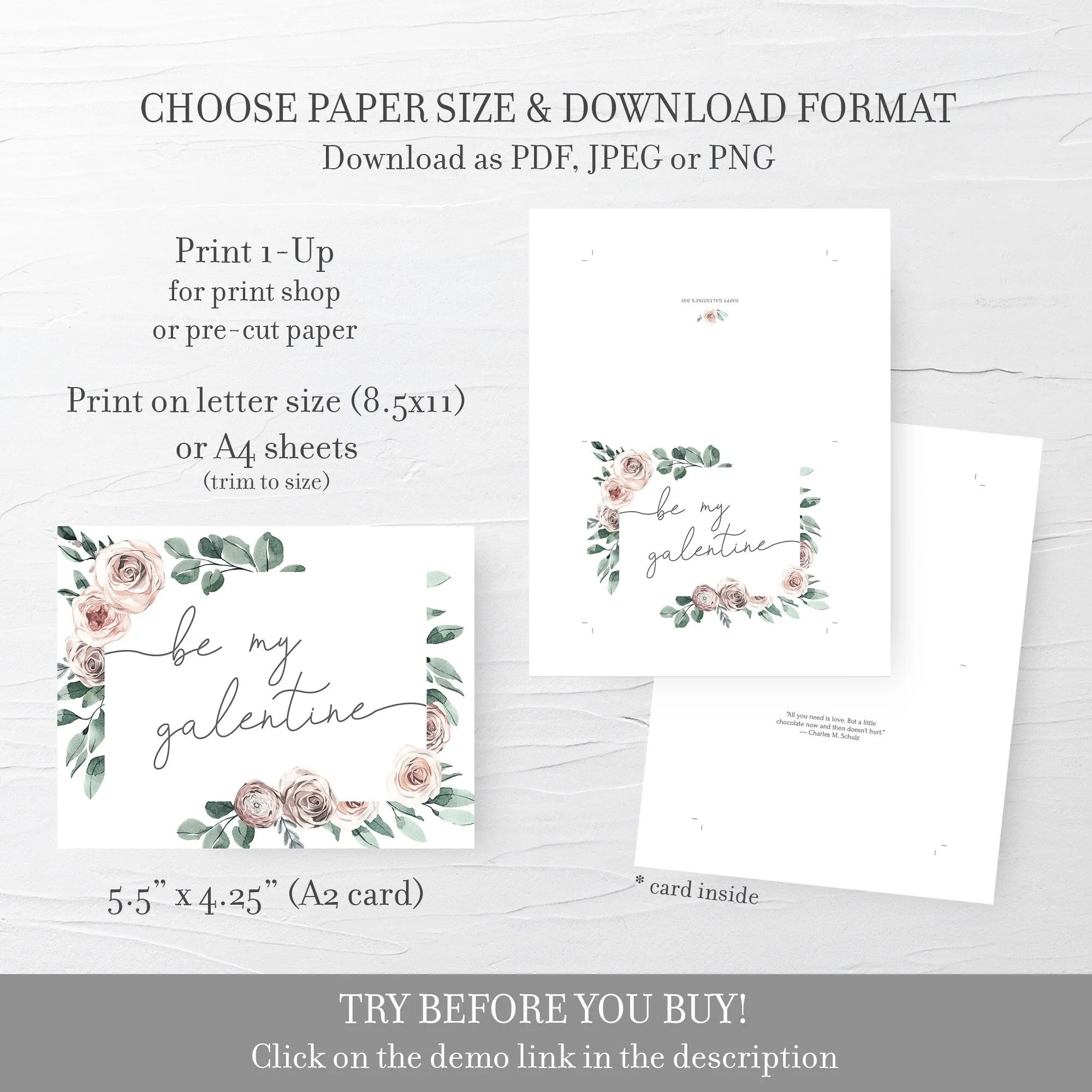Boho Rose Be My Galentine Card Card Template, Printable Galentines Day Card, Editable INSTANT DOWNLOAD - BR100