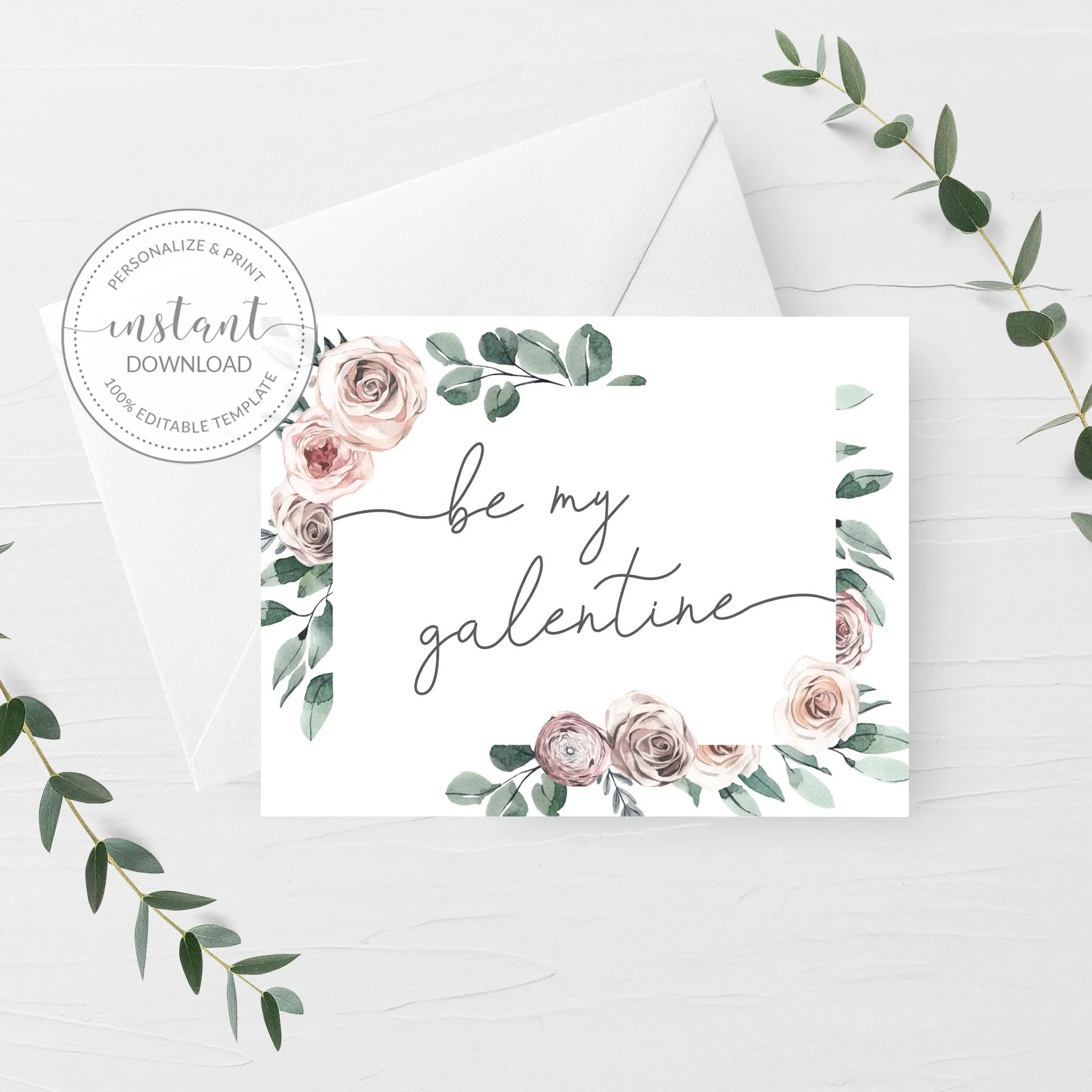 Boho Rose Be My Galentine Card Card Template, Printable Galentines Day Card, Editable INSTANT DOWNLOAD - BR100