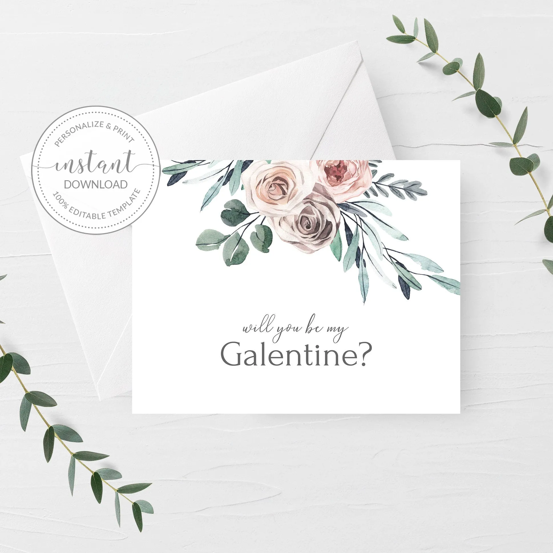 Boho Rose Be My Galentines Day Card Template, Printable Galentines Day Card, Editable INSTANT DOWNLOAD - BR100