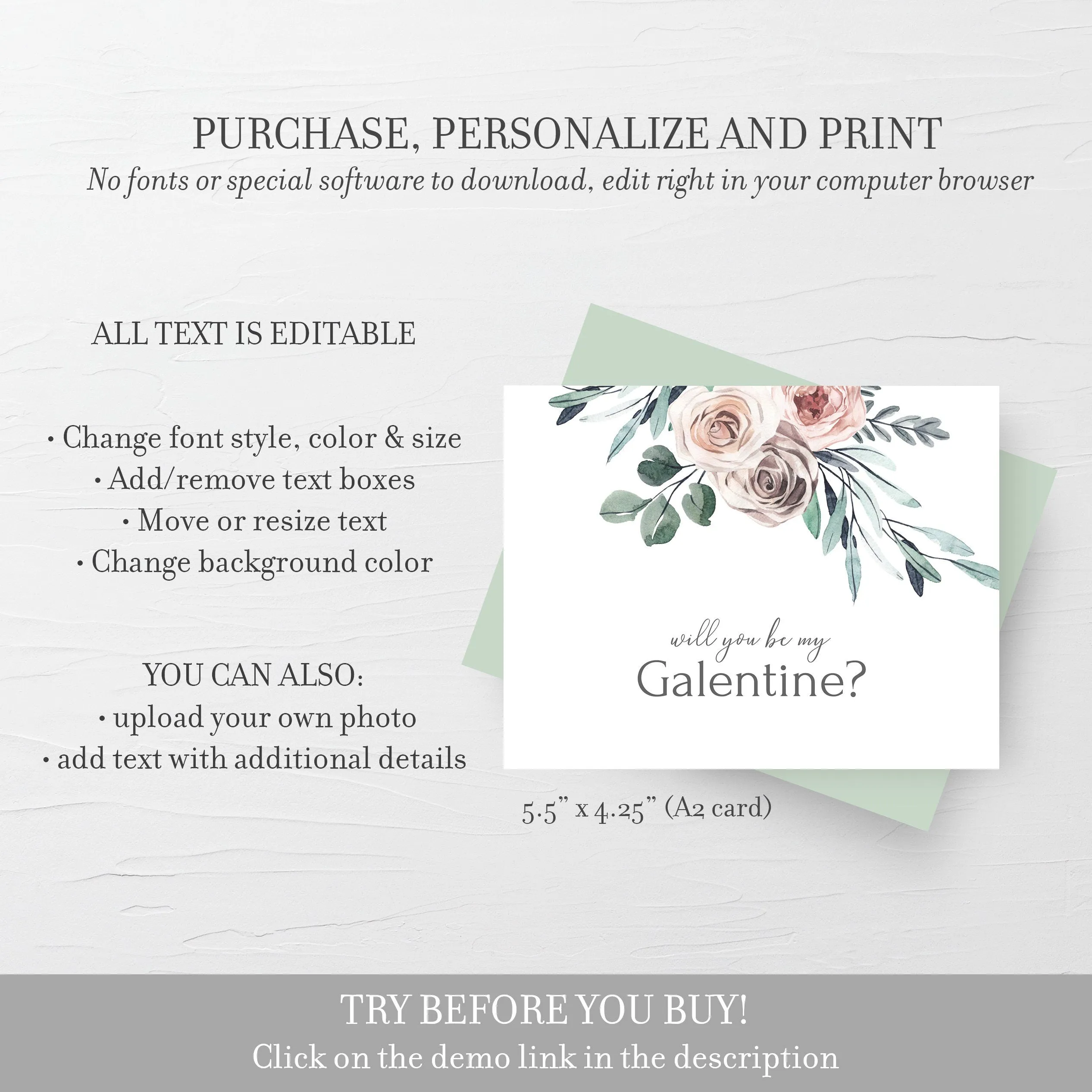 Boho Rose Be My Galentines Day Card Template, Printable Galentines Day Card, Editable INSTANT DOWNLOAD - BR100